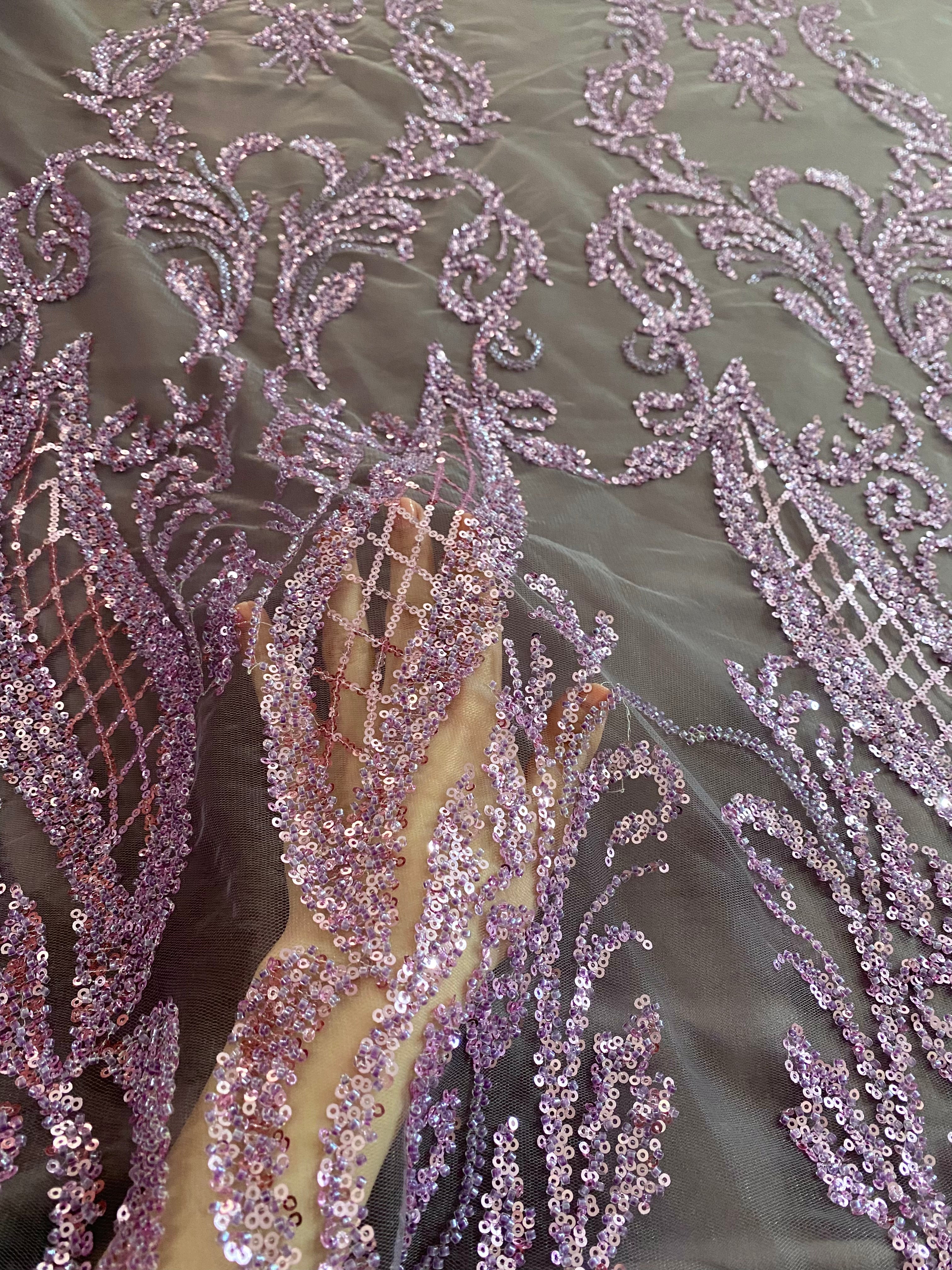 Dantela Couture Lavanda Pudrata cu Model Geometric, cu Margele si Paiete