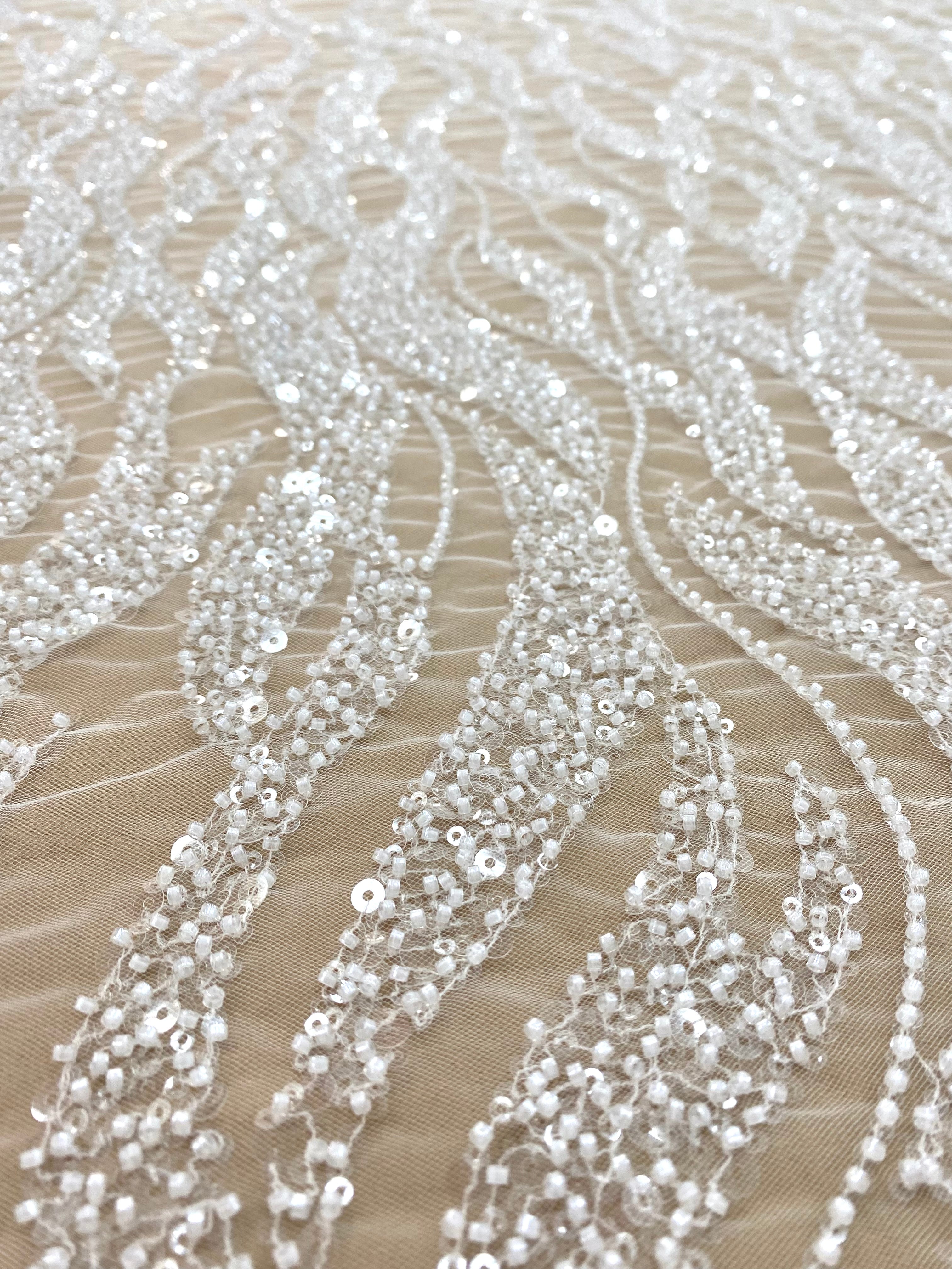 Silver Lace with Nude Tulle with Linear Pattern, Beads and Sequins