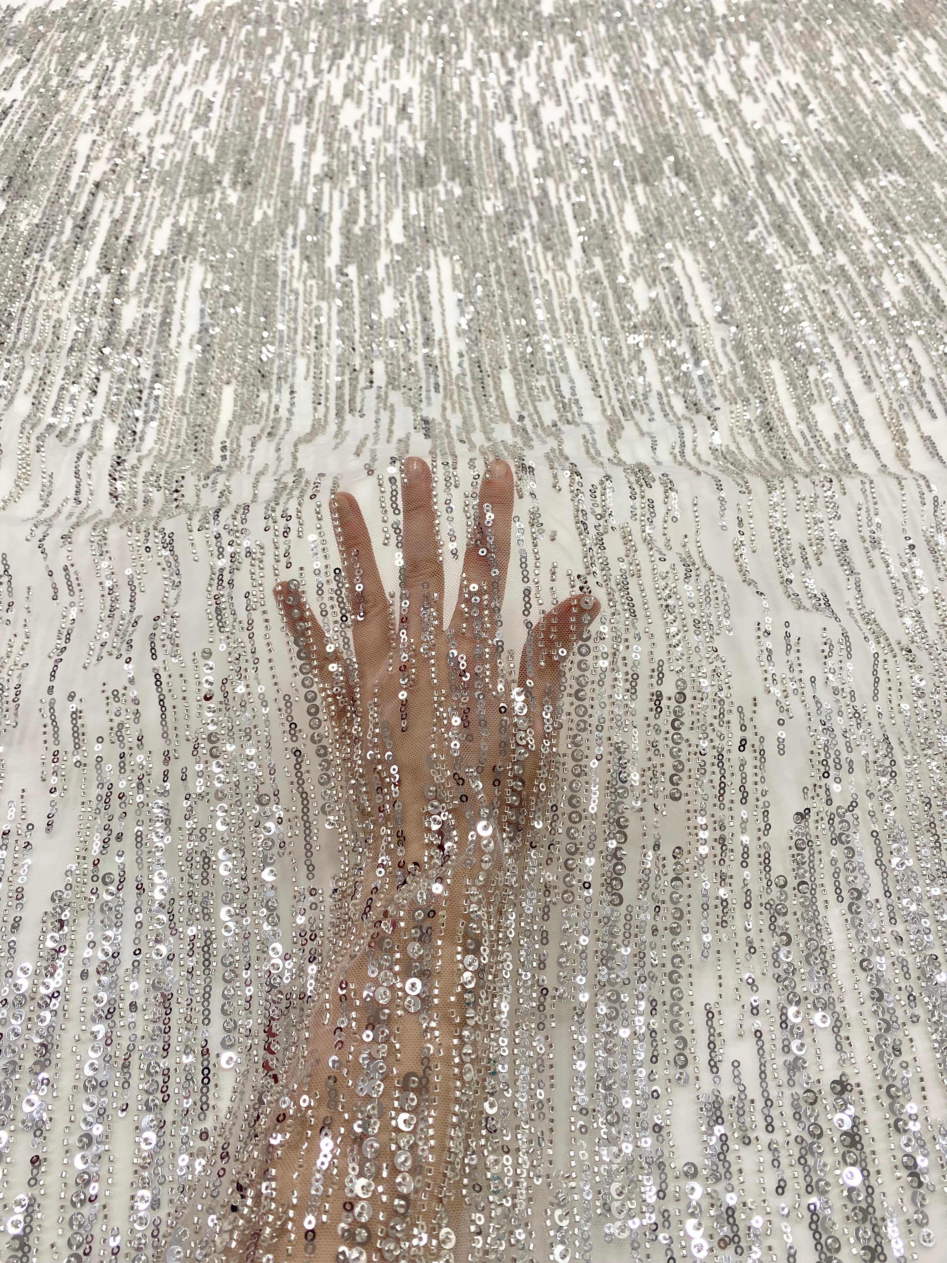 Silver Couture Lace on Ivory Tulle with Linear Pattern, with Beads and Sequins