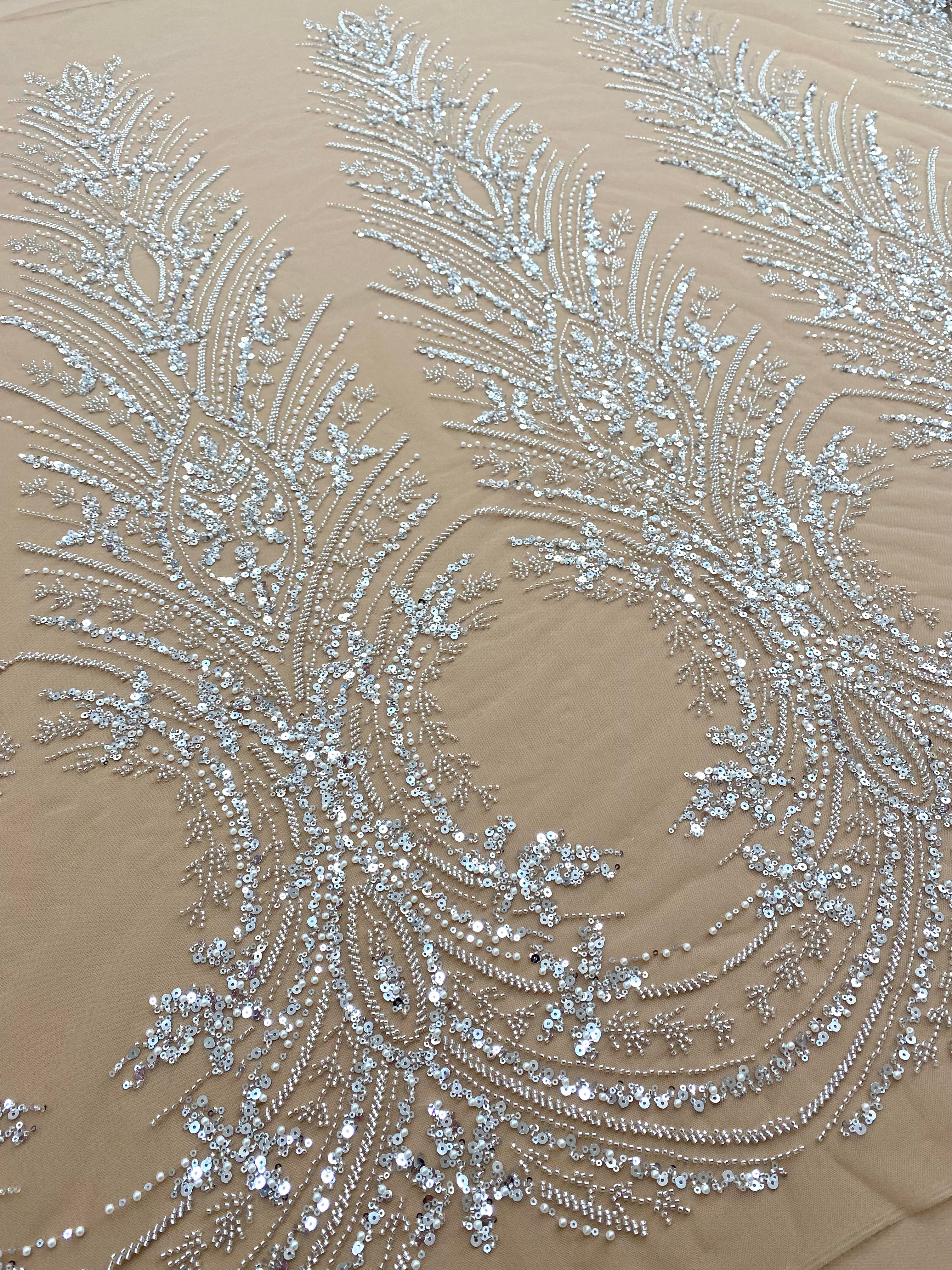 Silver Lace with Linear Pattern, with Pearls and Sequins