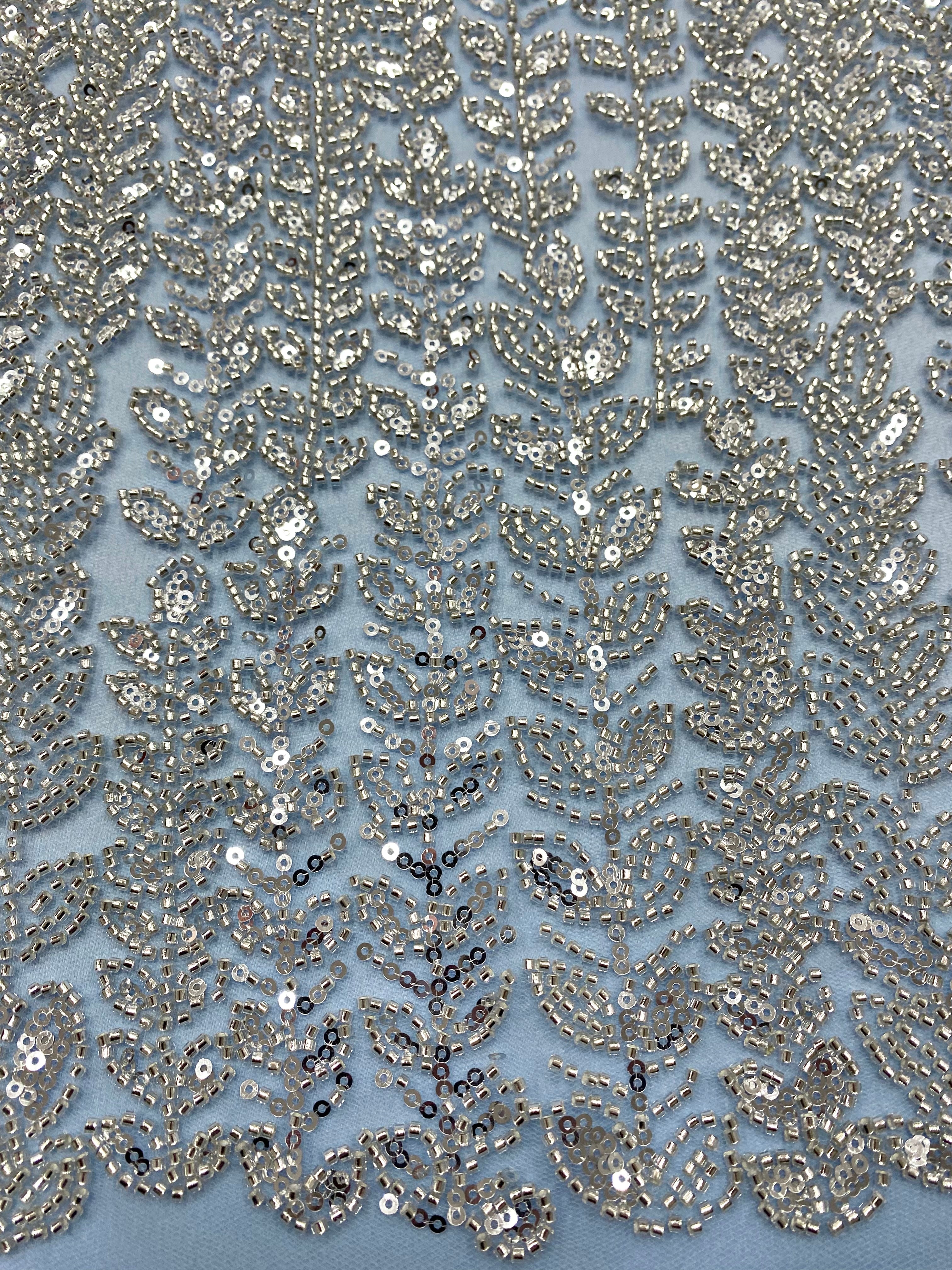 Silver Lace with Linear Pattern, with Pearls and Sequins