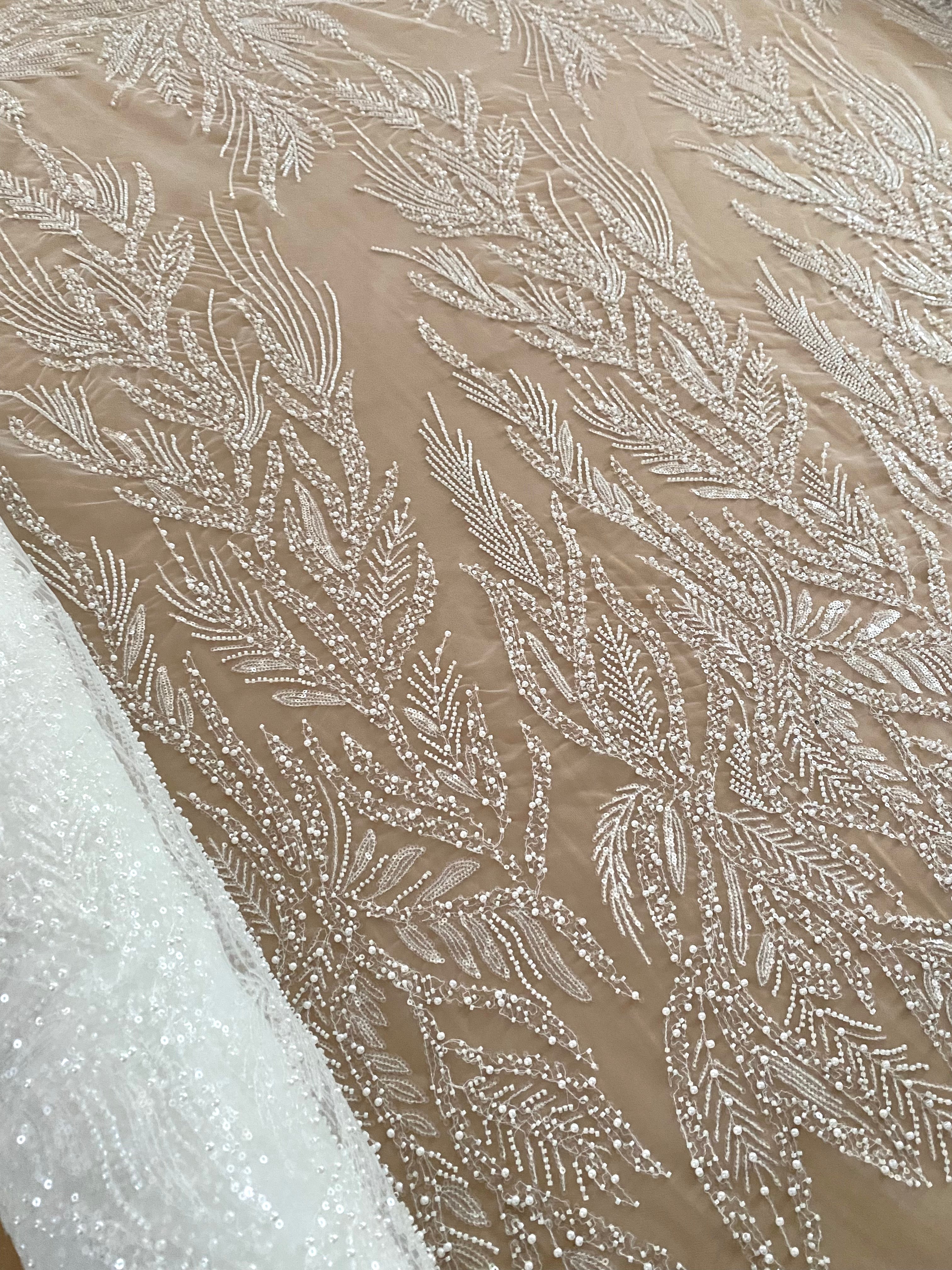 Silver Lace with Geometric Pattern, with Beads and Sequins