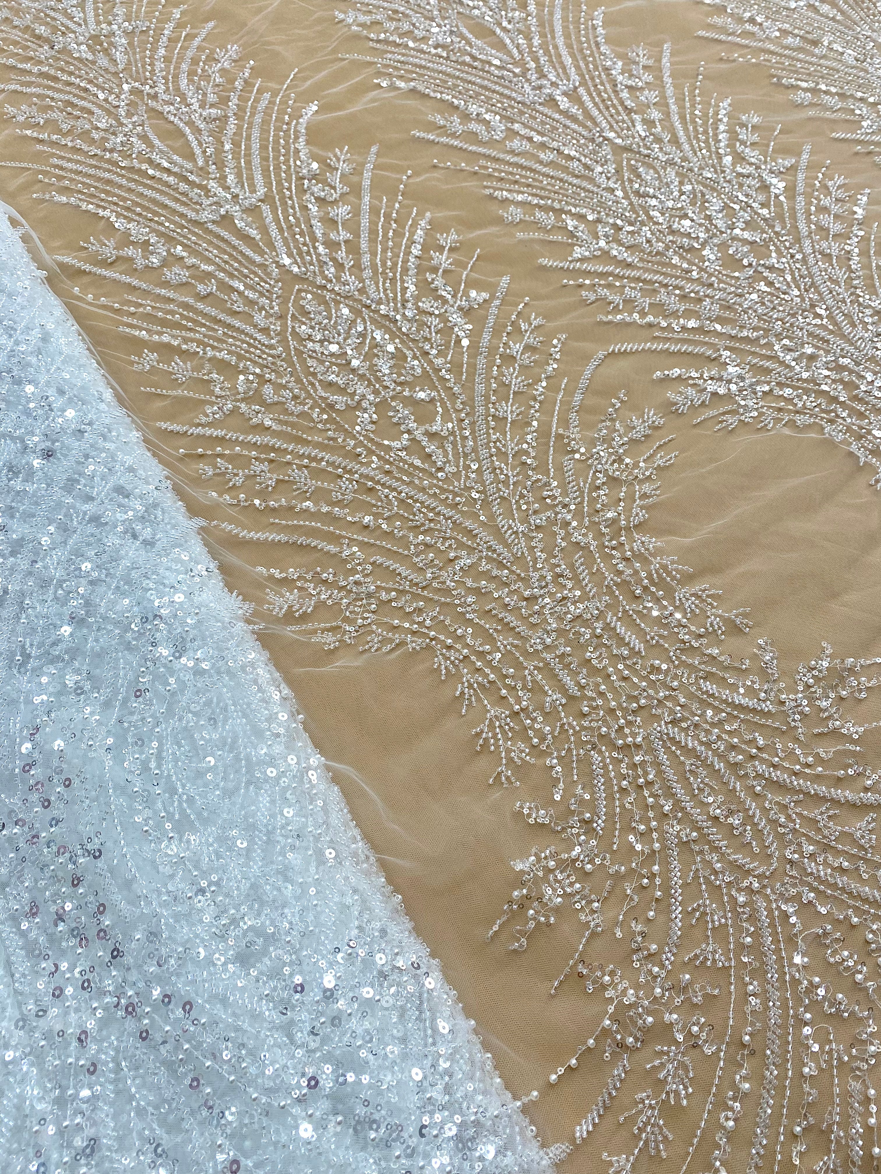 Silver Lace with Linear Pattern, with Pearls and Sequins