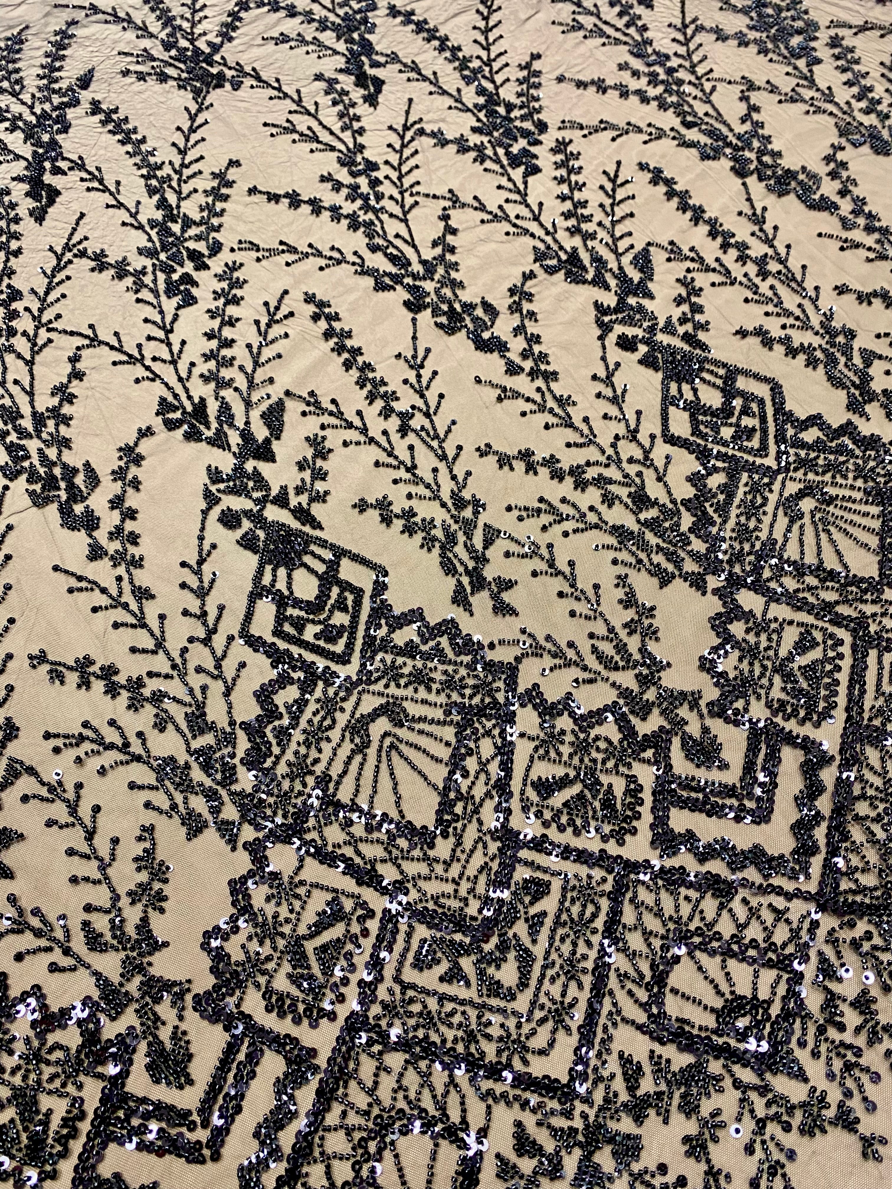 Black Couture Lace with Geometric Pattern, Beads and Sequins