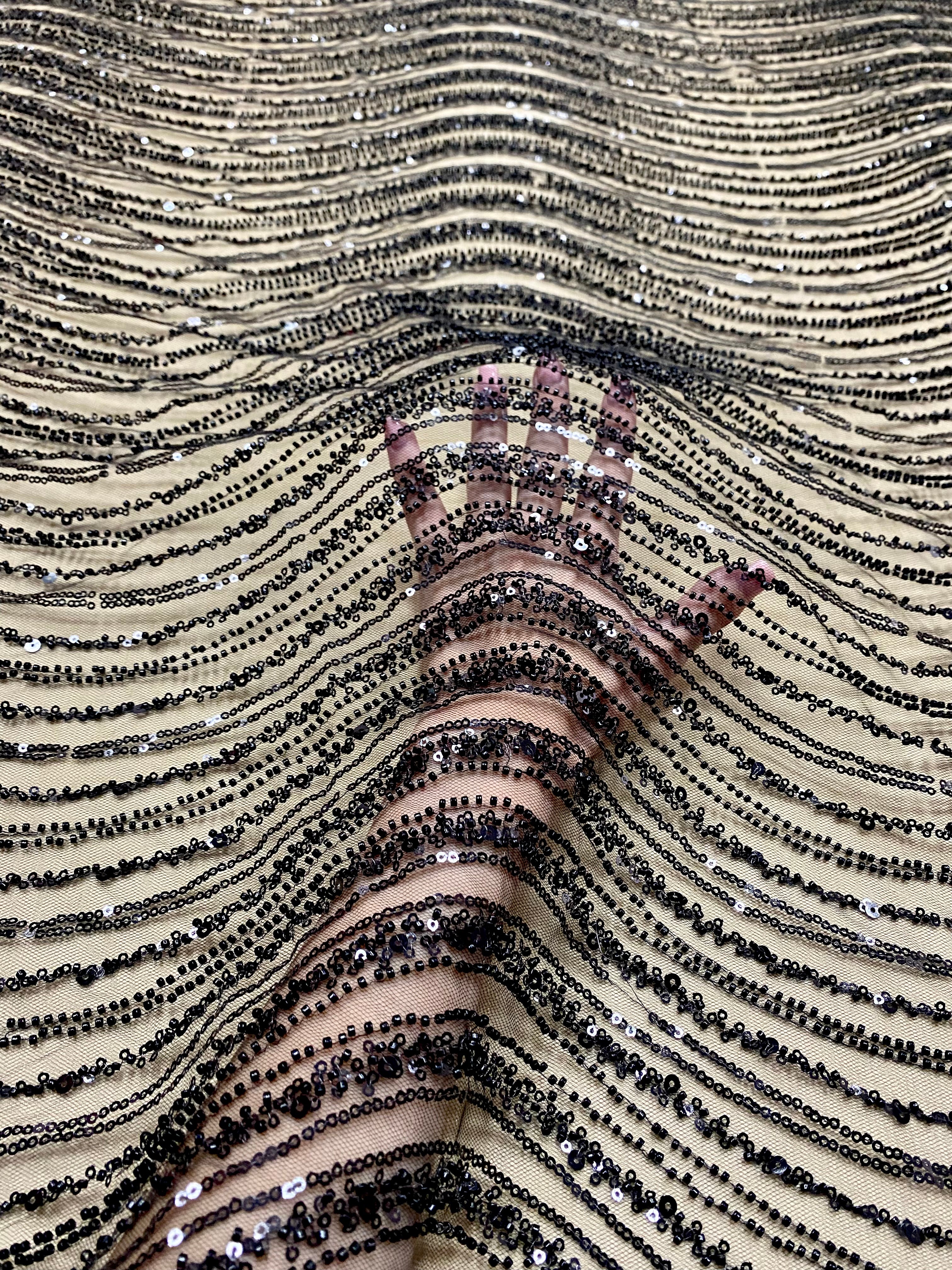 Silver Lace with Geometric Pattern, with Beads and Sequins