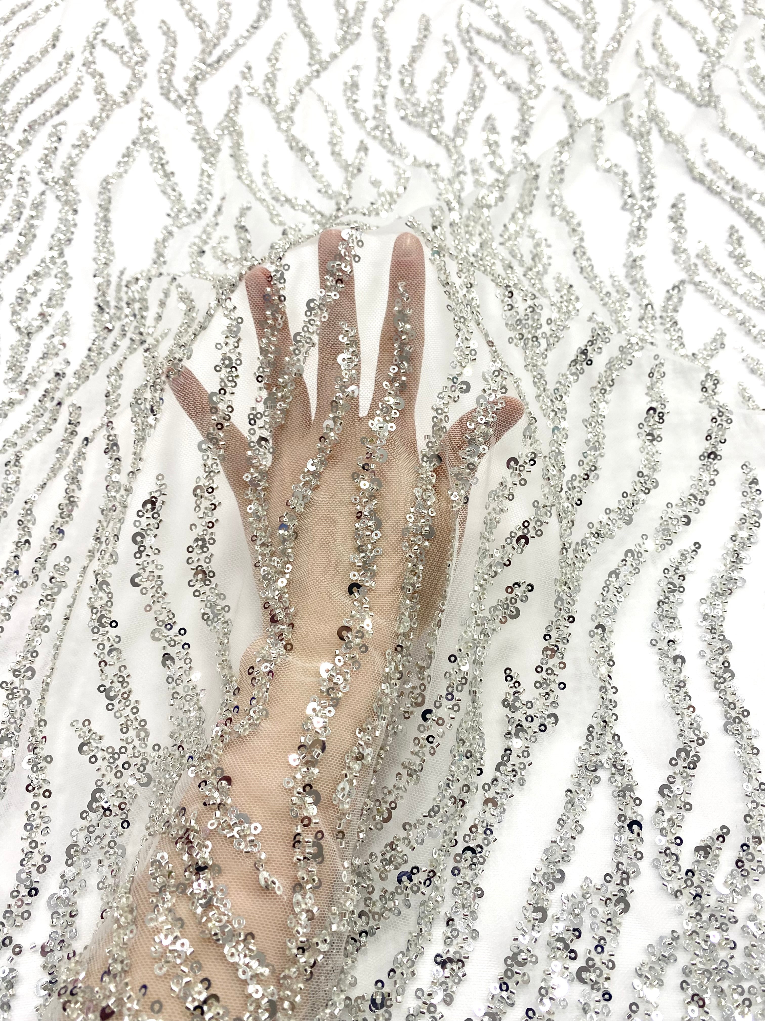Silver Couture Lace on Ivory Tulle with Strings, Beads and Sequins
