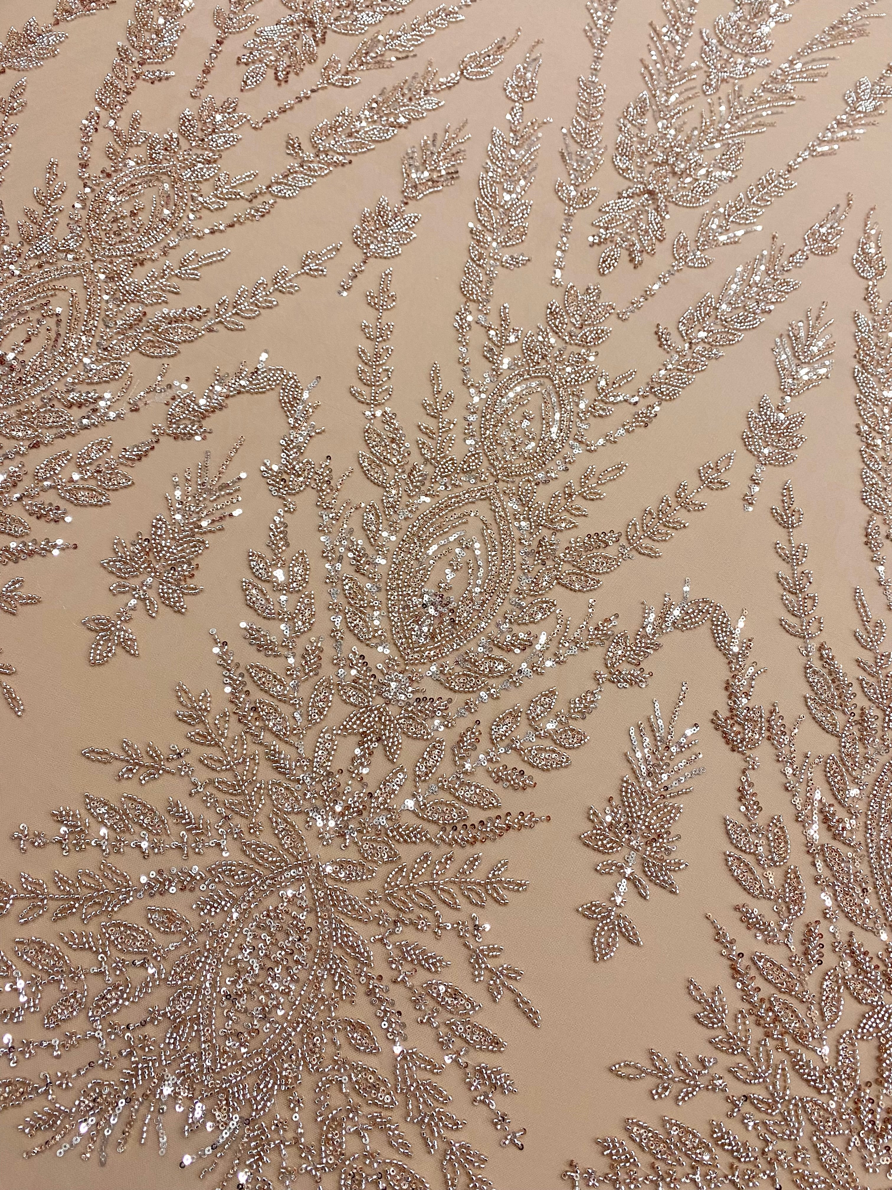 Rose Gold Couture Lace with Symmetrical Pattern, with Beads and Sequins 