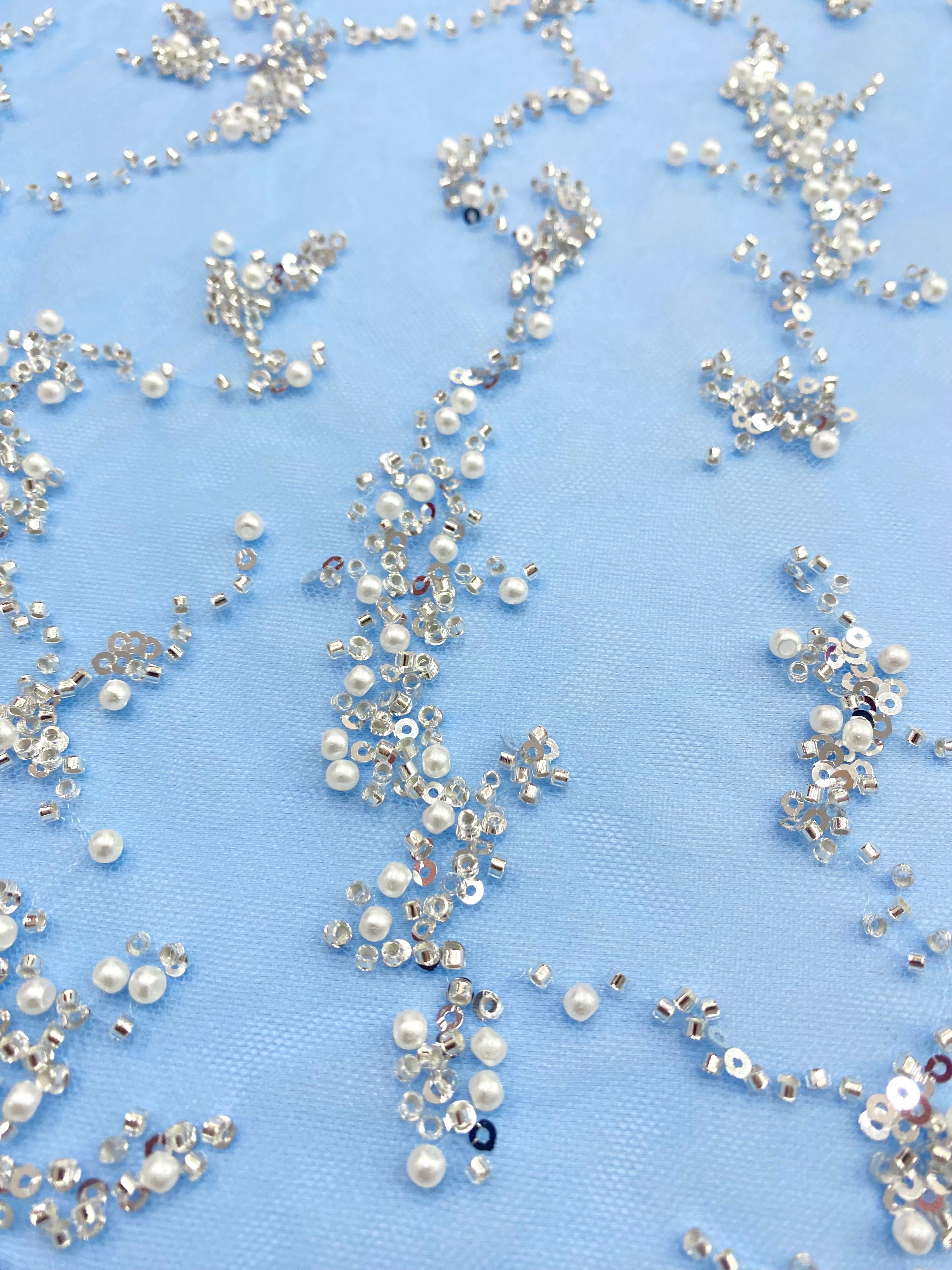 Silver Couture Lace on Blue Tulle, with Symmetrical Pattern, with Beads and Sequins 