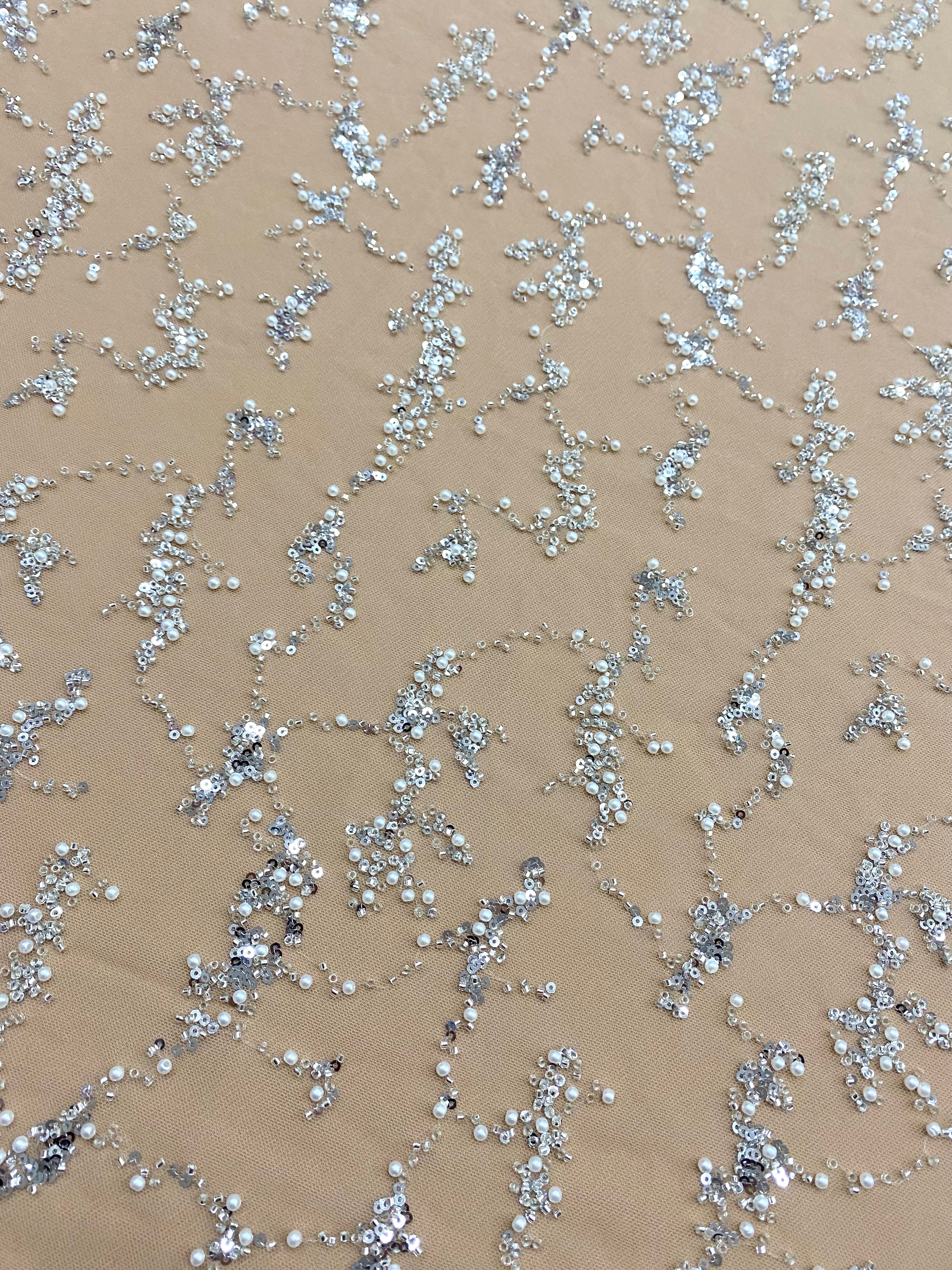 Silver Couture Lace on Nude Tulle, with Pearls, Beads and Sequins