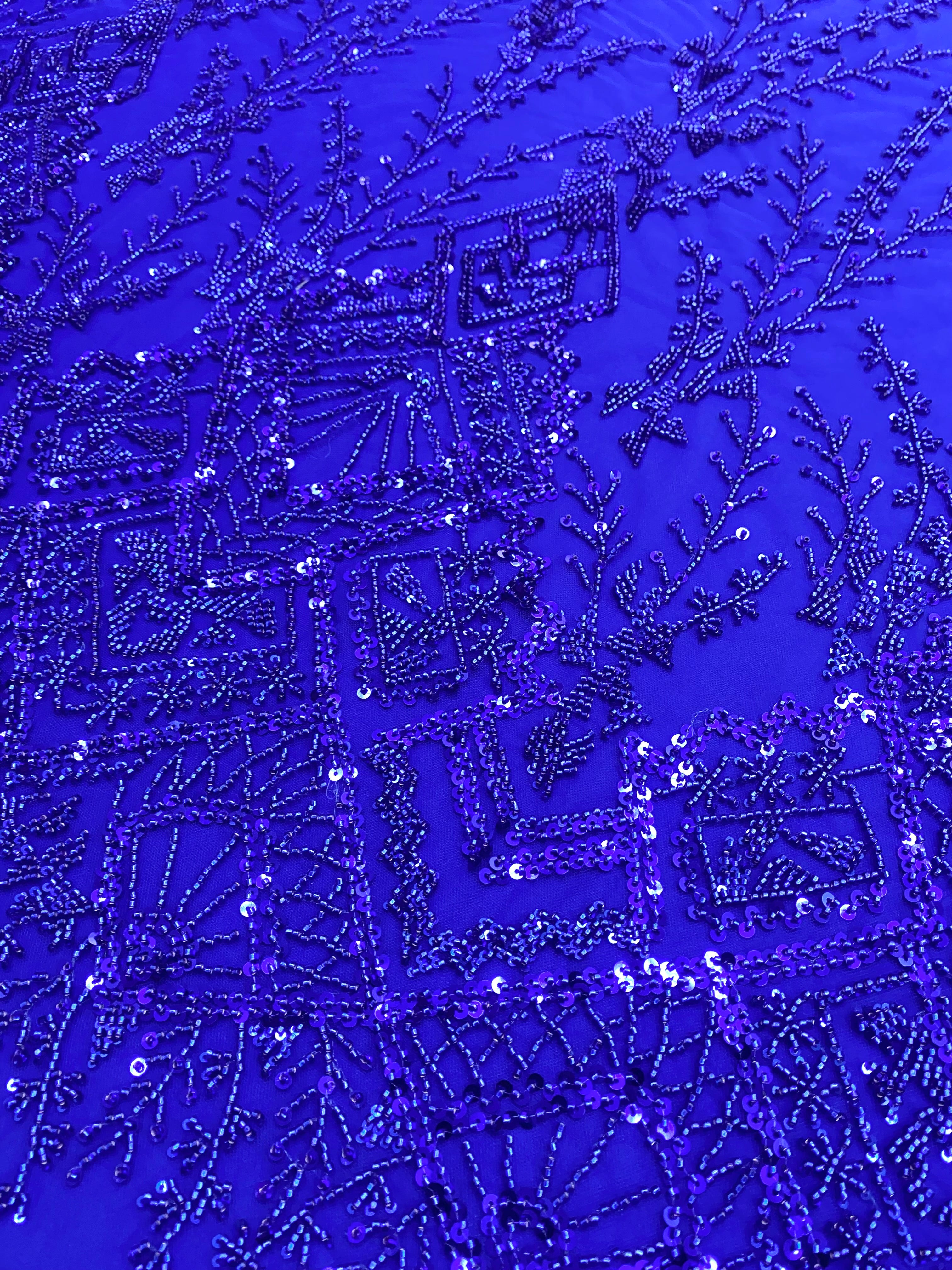 Royal Blue Couture Lace with Geometric Pattern, Beads and Sequins