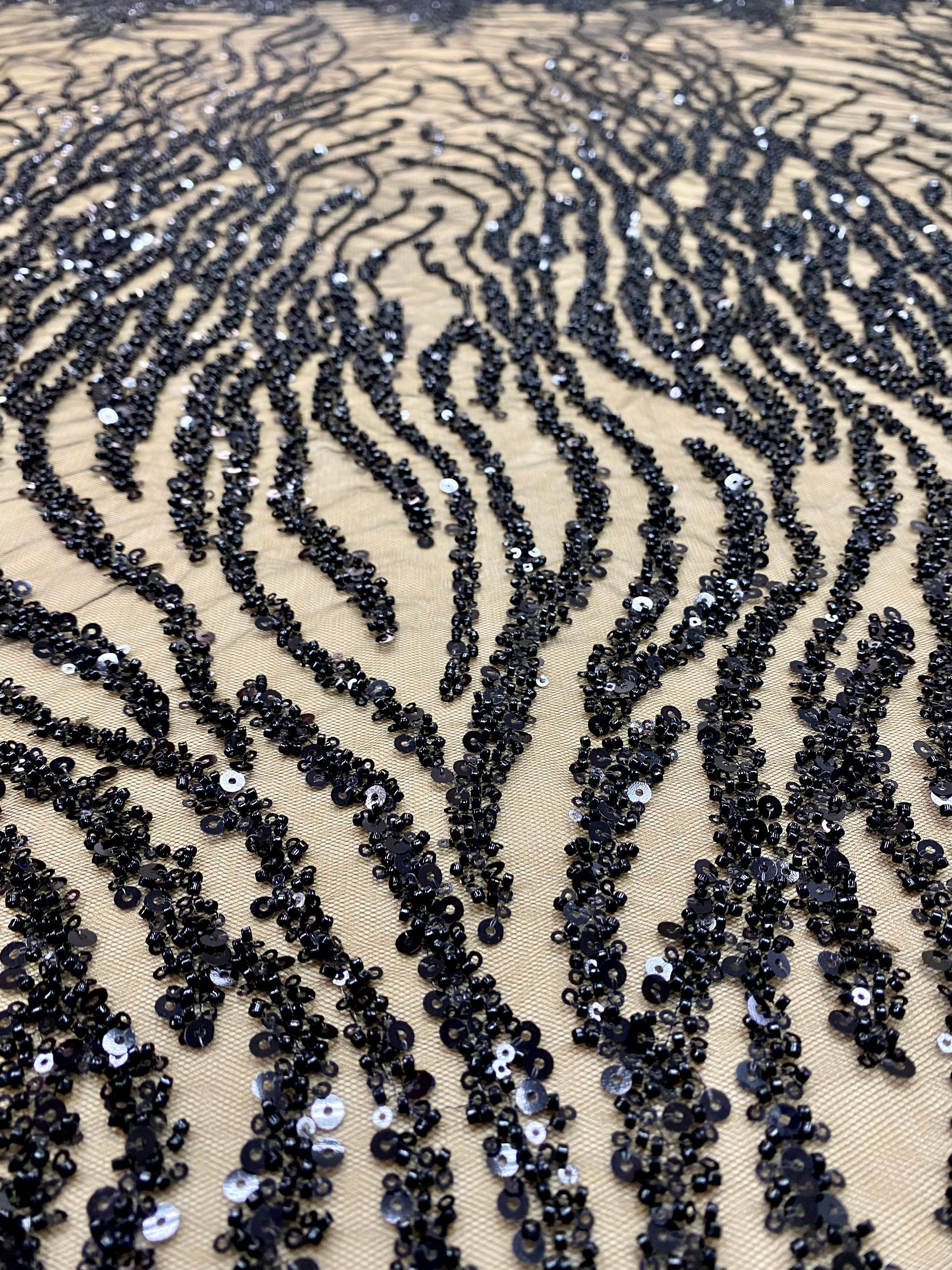 Black Couture Lace with Strings, Beads and Sequins