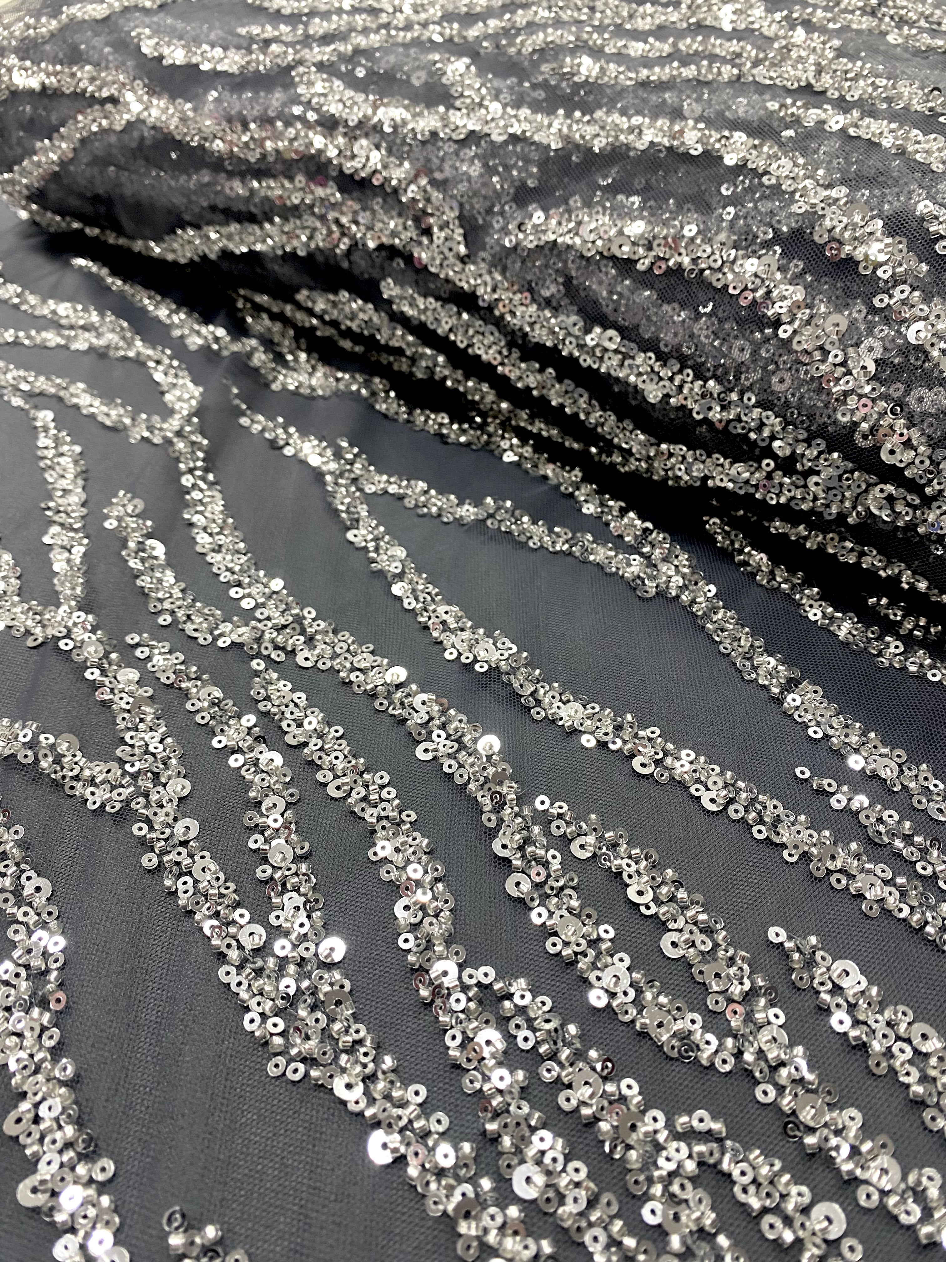Silver Couture Lace on Anthracite Tulle with Strings, Beads and Sequins