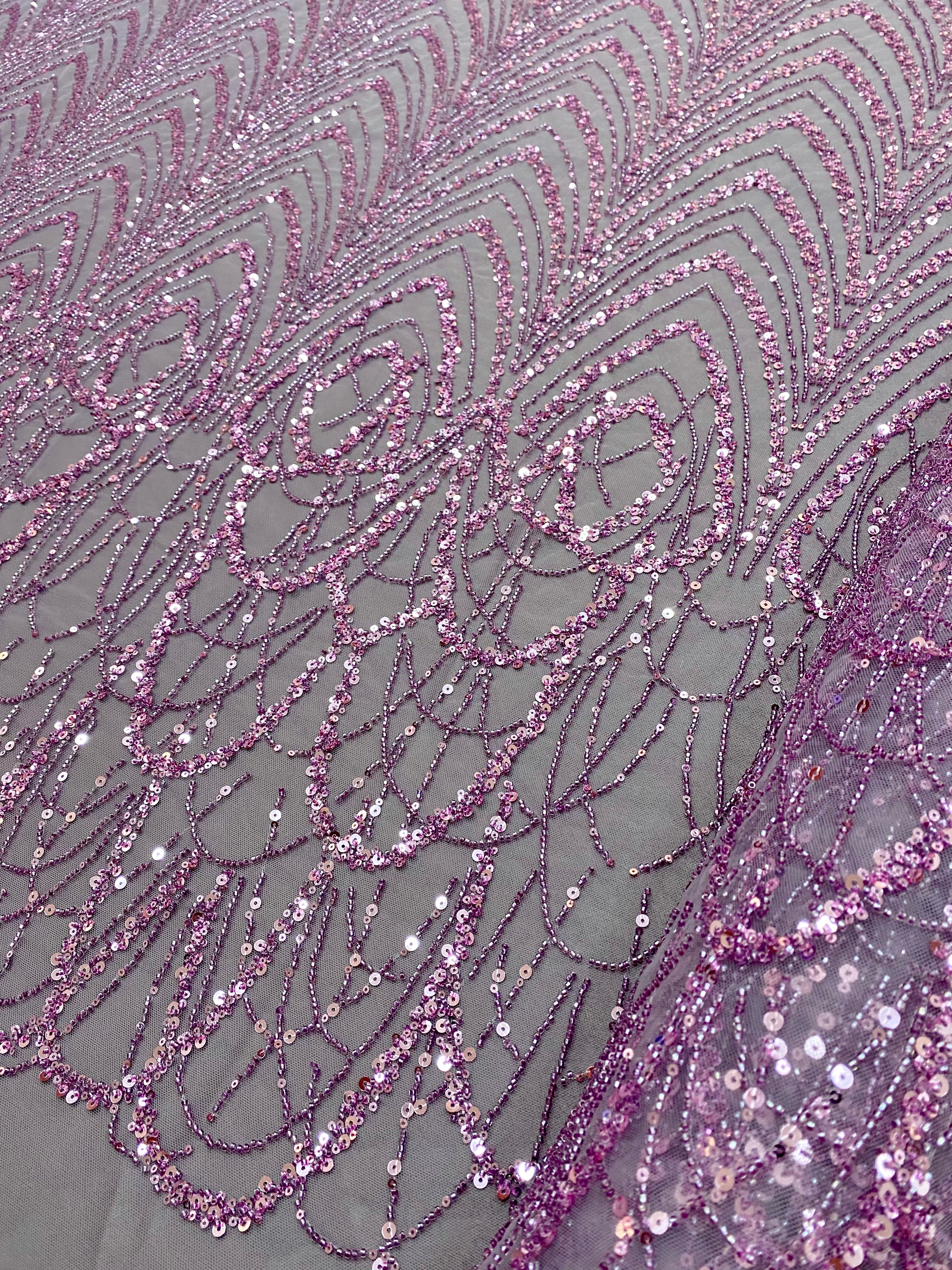Dantela Couture Lavanda Pudrata cu Model Geometric cu Margele si Paiete