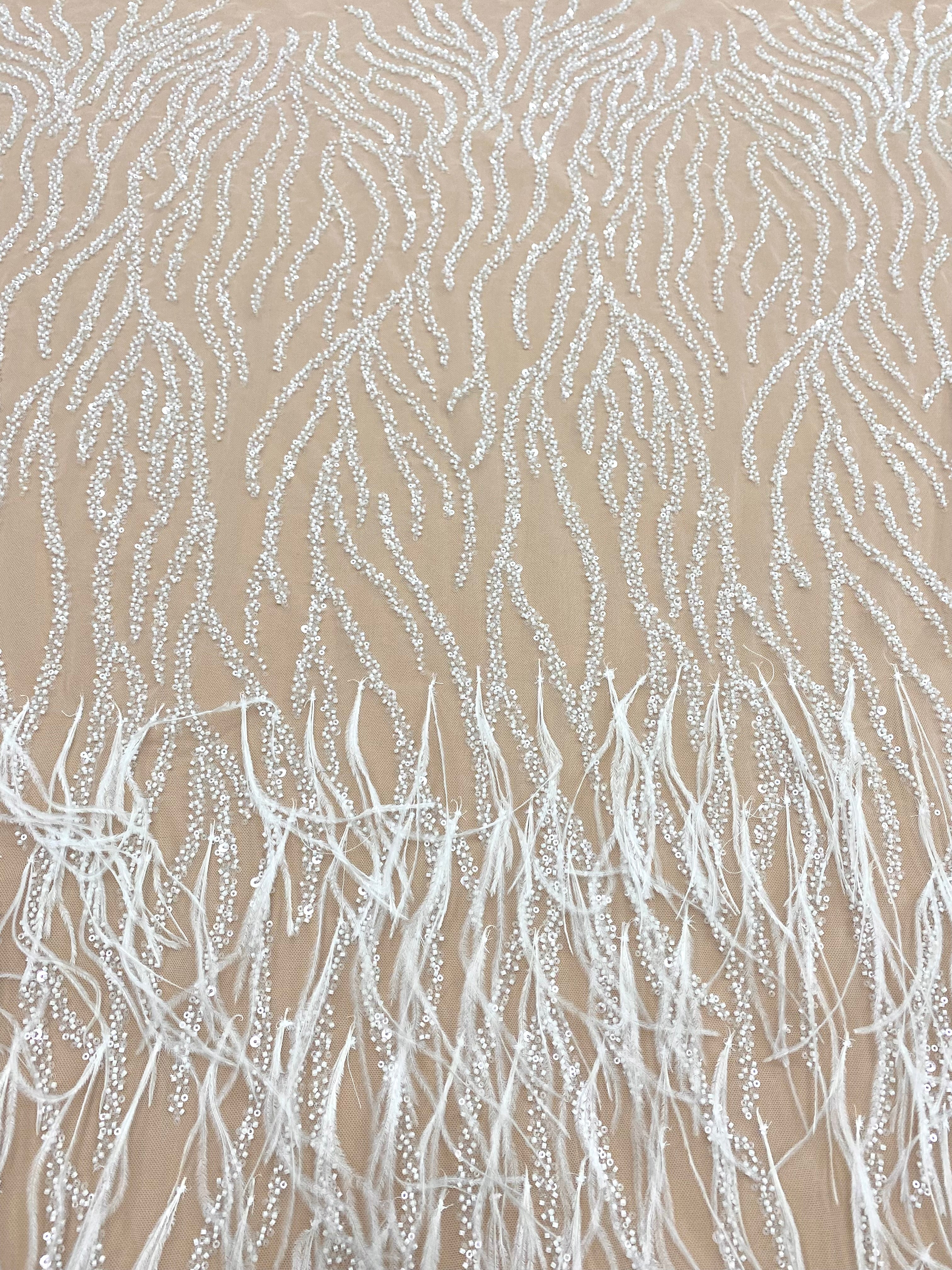 Ivory Couture Lace with Ostrich Feathers, Strings, Beads and Sequins