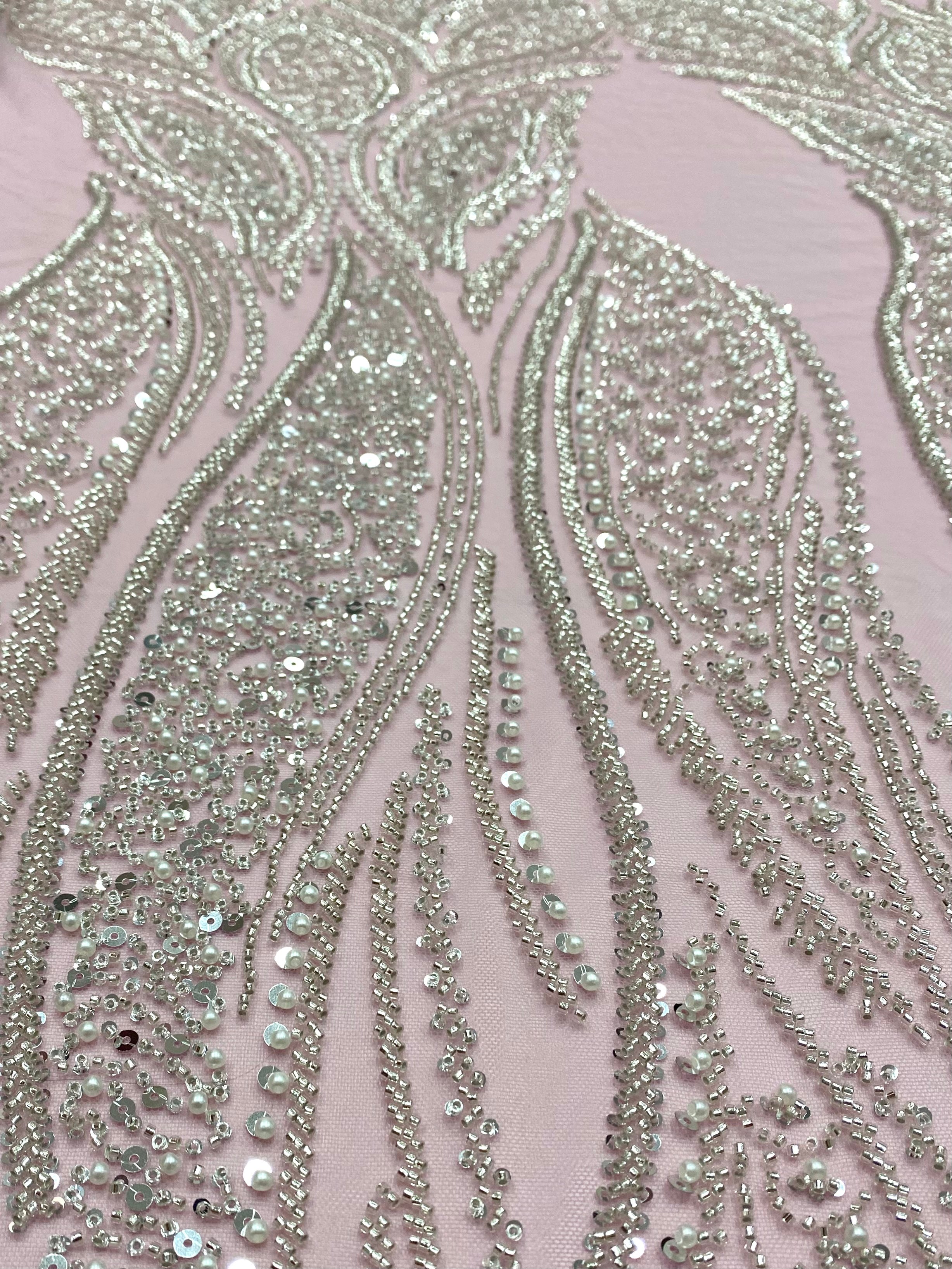 Silver Lace with Linear Pattern, with Pearls and Sequins