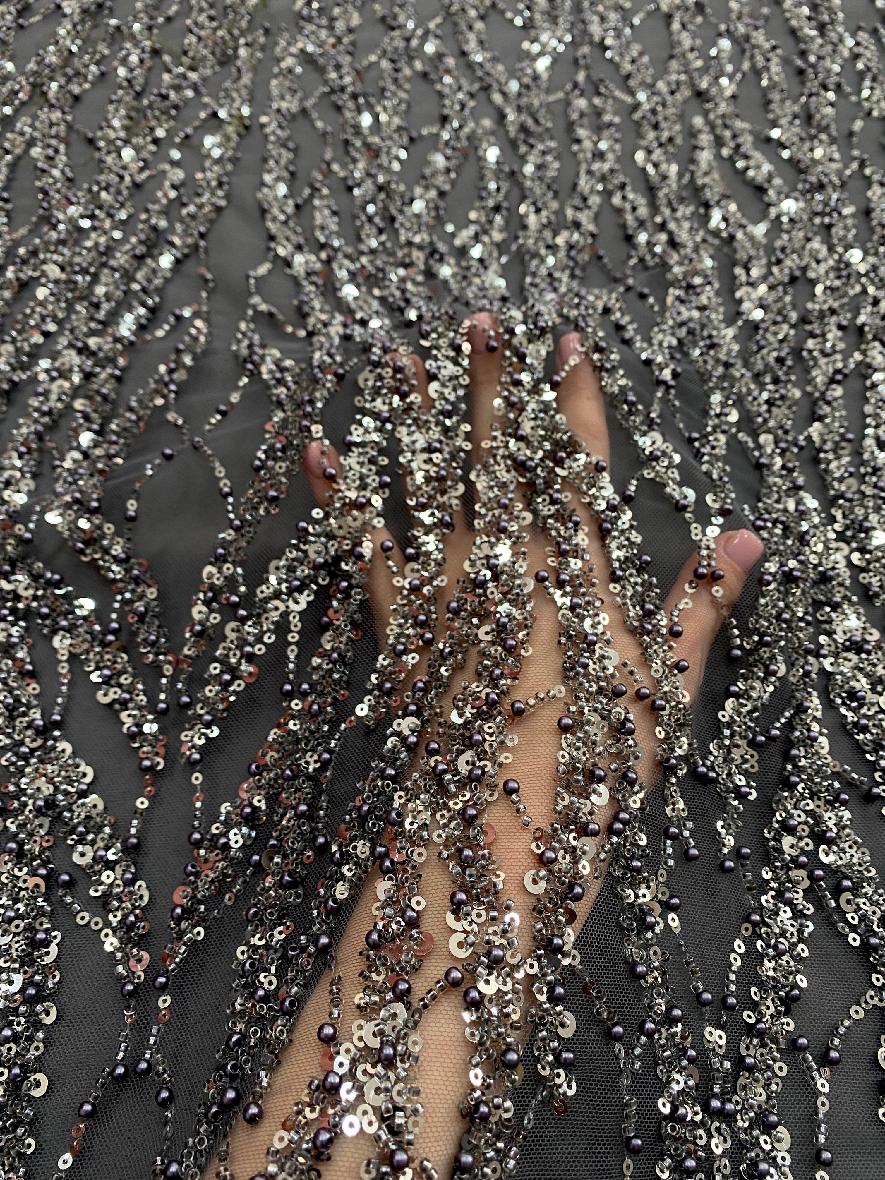 Silver Lace with Linear Pattern, with Pearls and Sequins