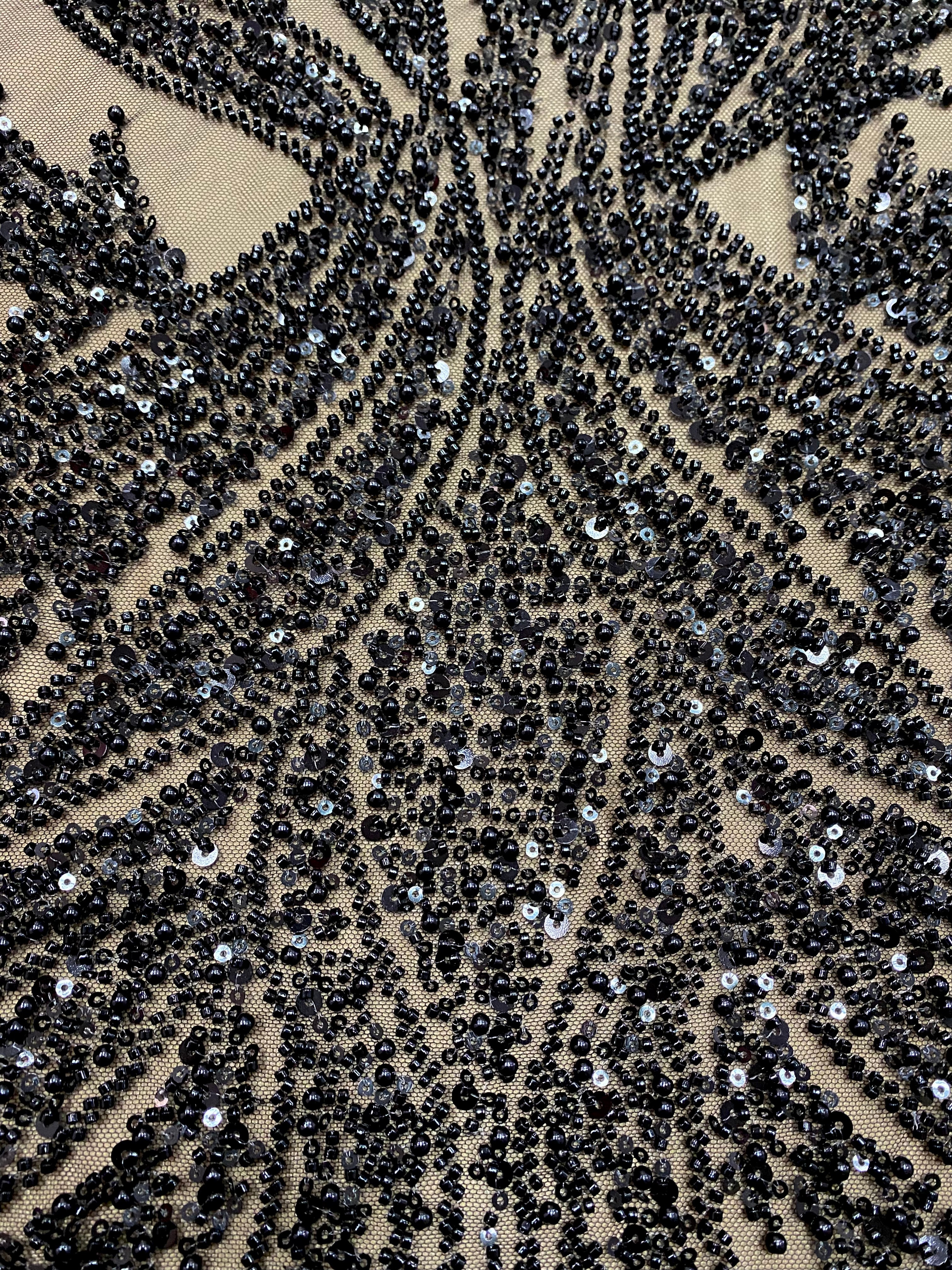Silver Couture Lace on Blue Tulle, with Symmetrical Pattern, with Beads and Sequins 