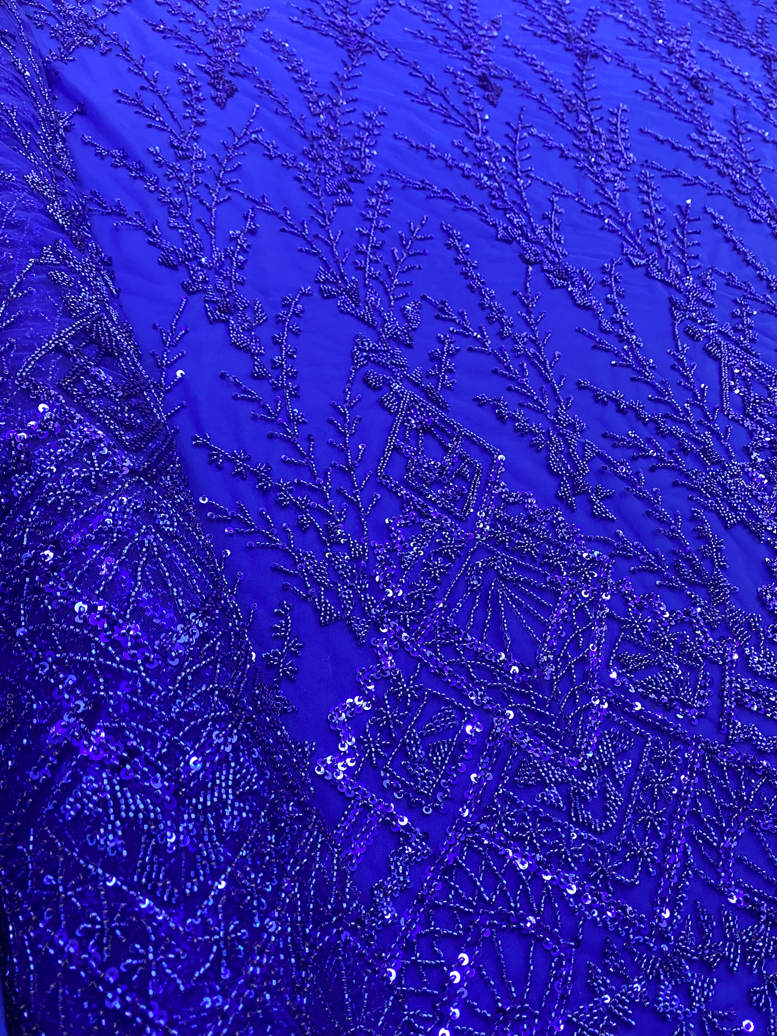 Royal Blue Couture Lace with Geometric Pattern, Beads and Sequins