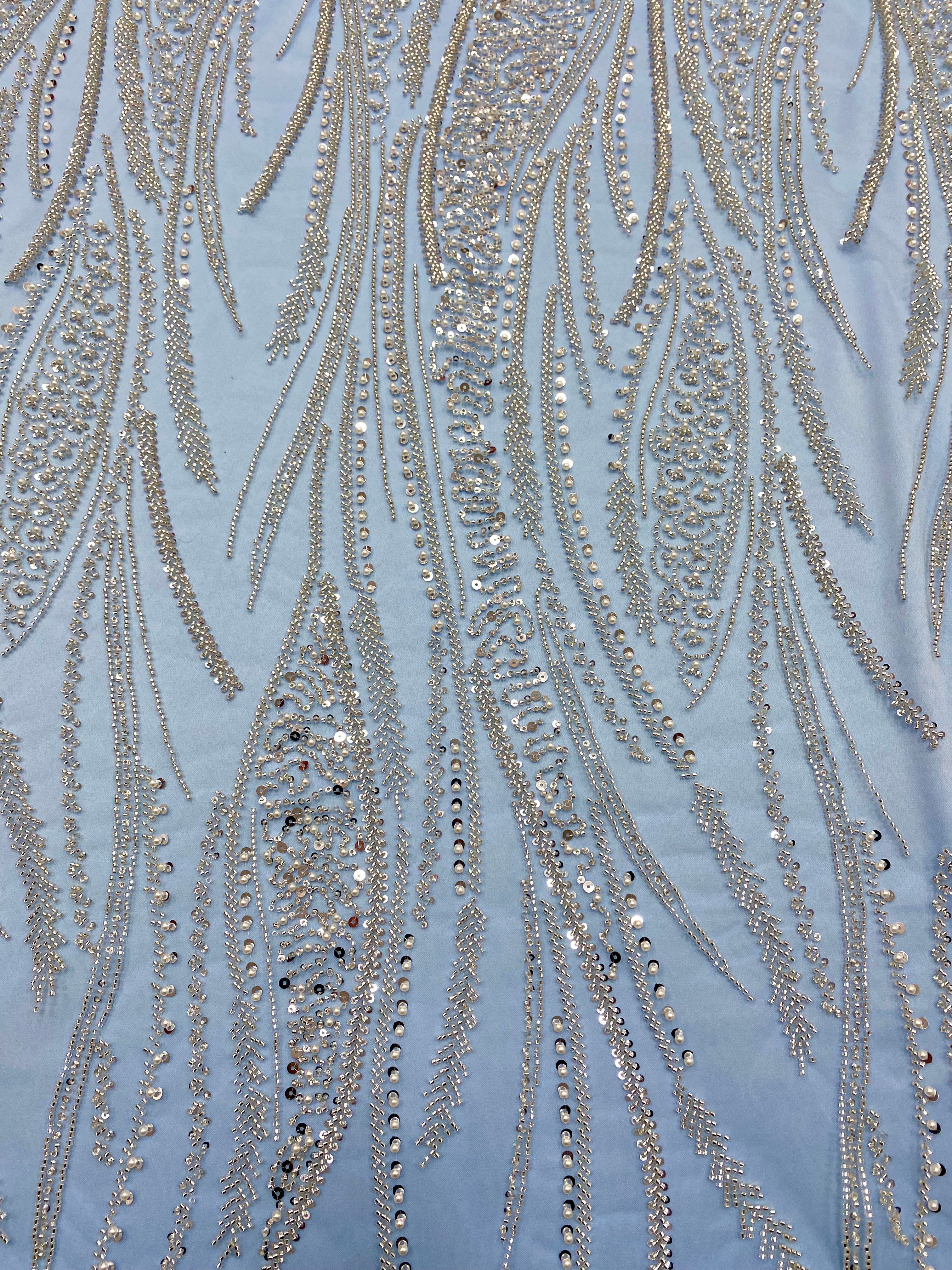 Silver Lace with Linear Pattern, with Pearls and Sequins