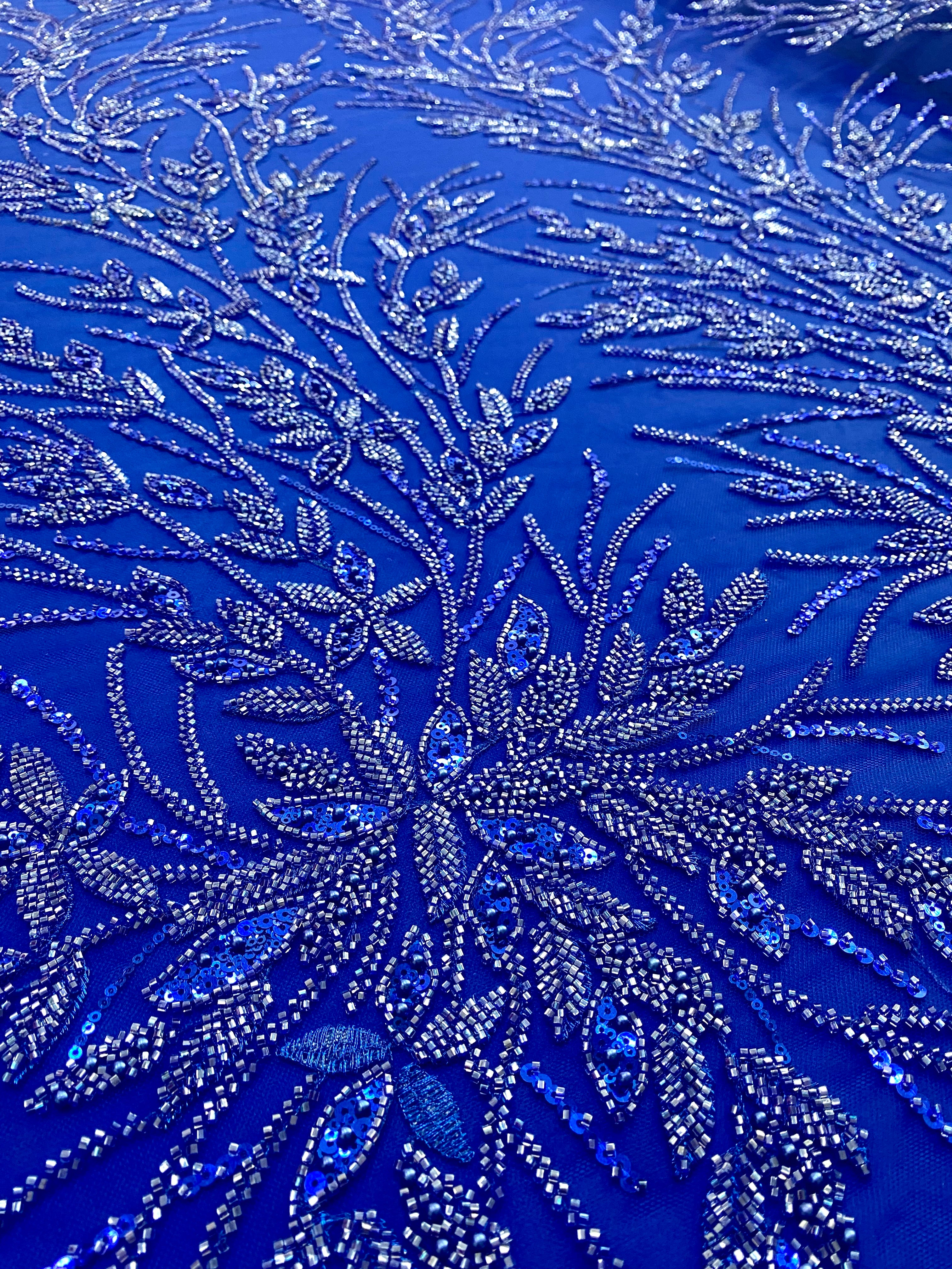 Royal Blue Couture Lace with Floral Pattern, Pearls, Beads and Sequins 