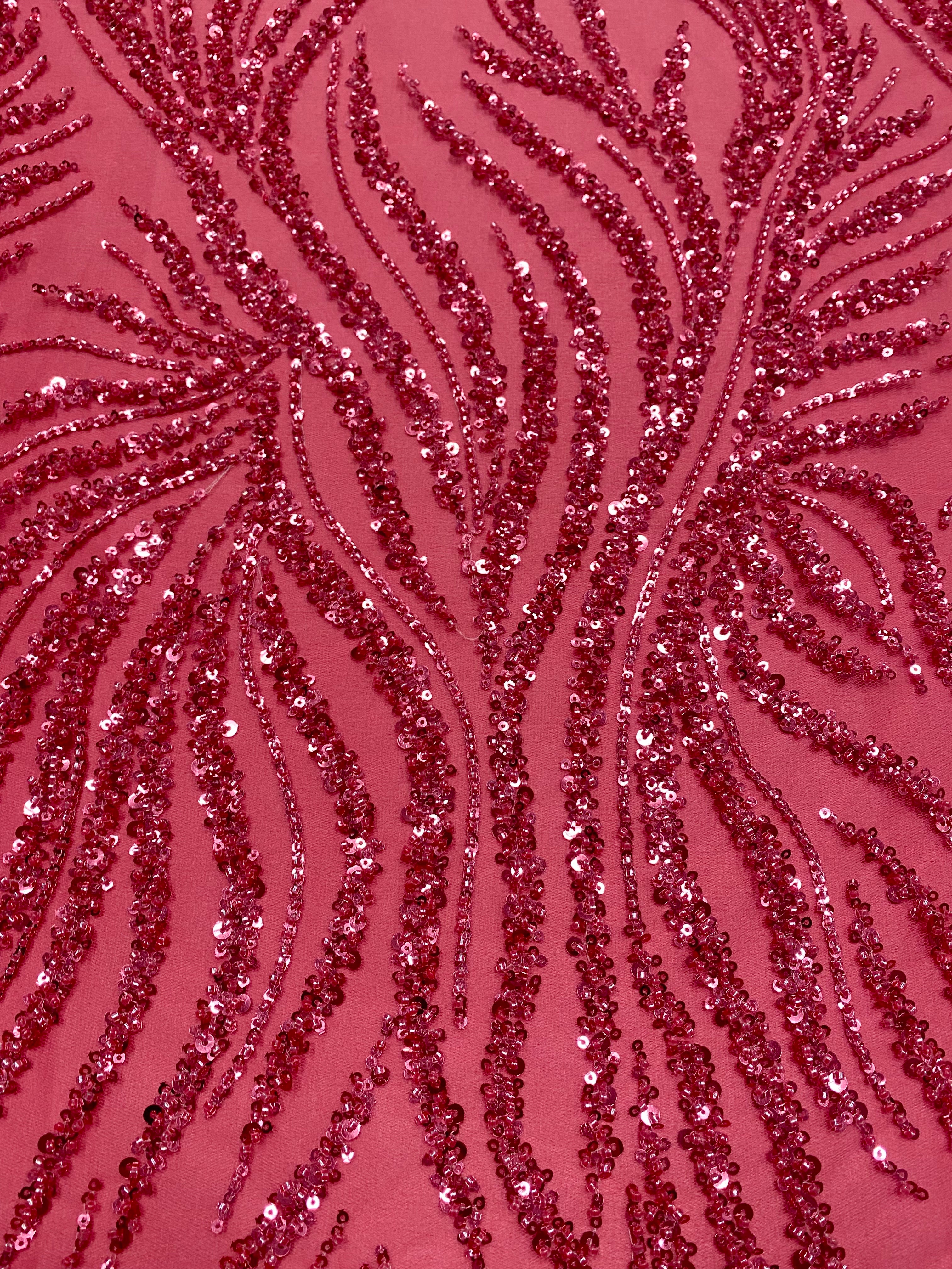 Dantela Couture Roz Coral cu Siraguri, cu Margele si Paiete