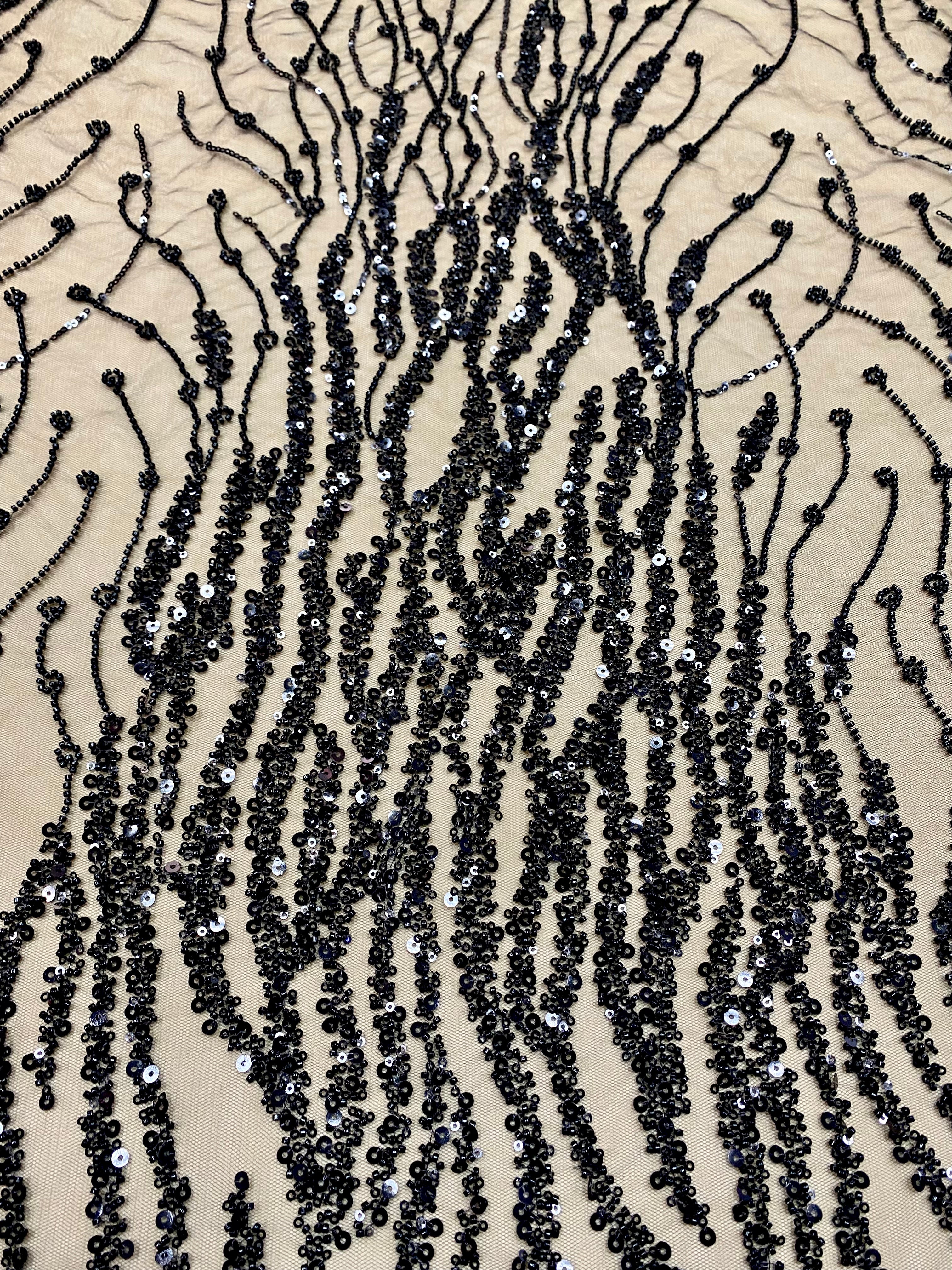 Black Couture Lace with Strings, Beads and Sequins