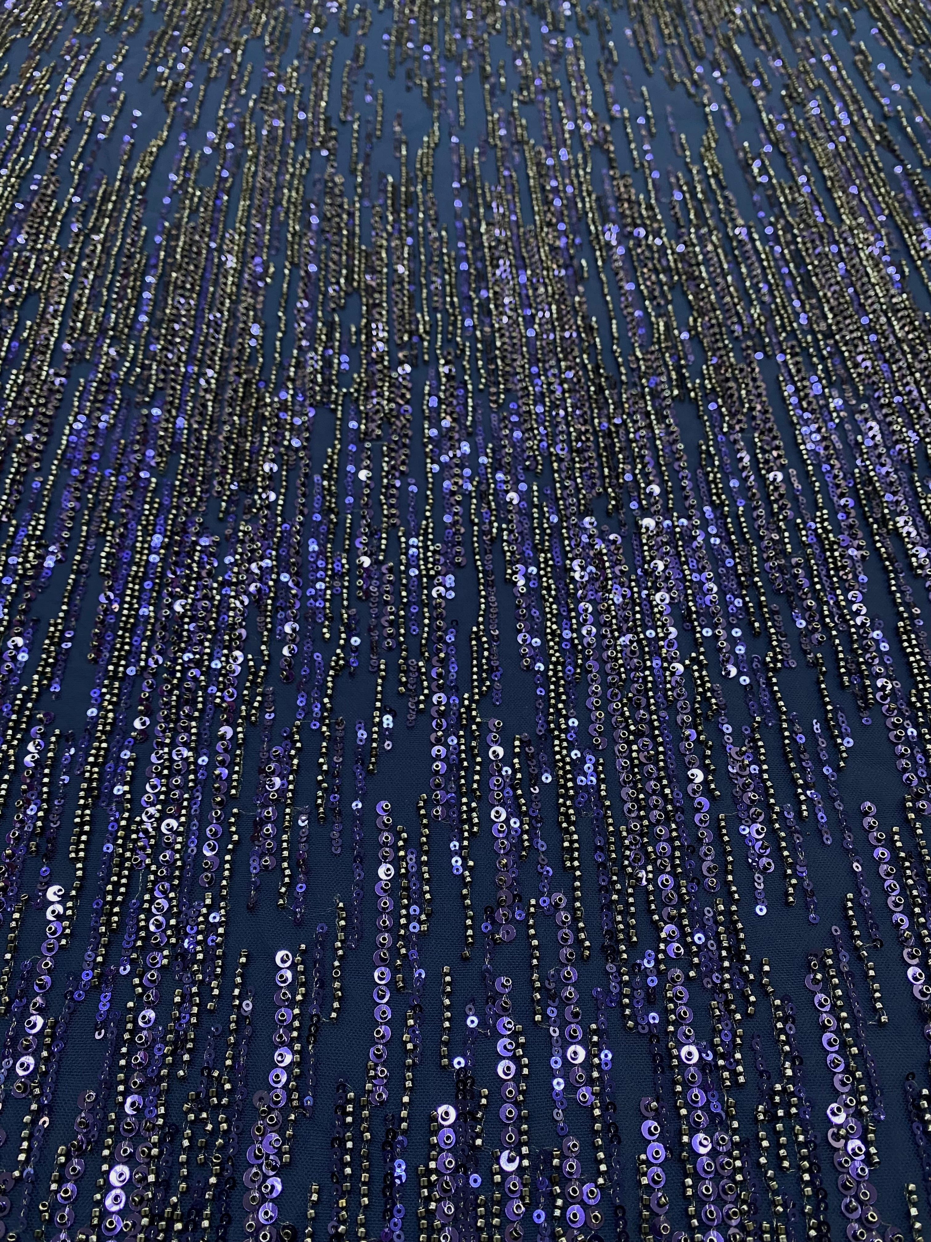 Navy Blue Couture Lace with Linear Pattern, Beads and Sequins