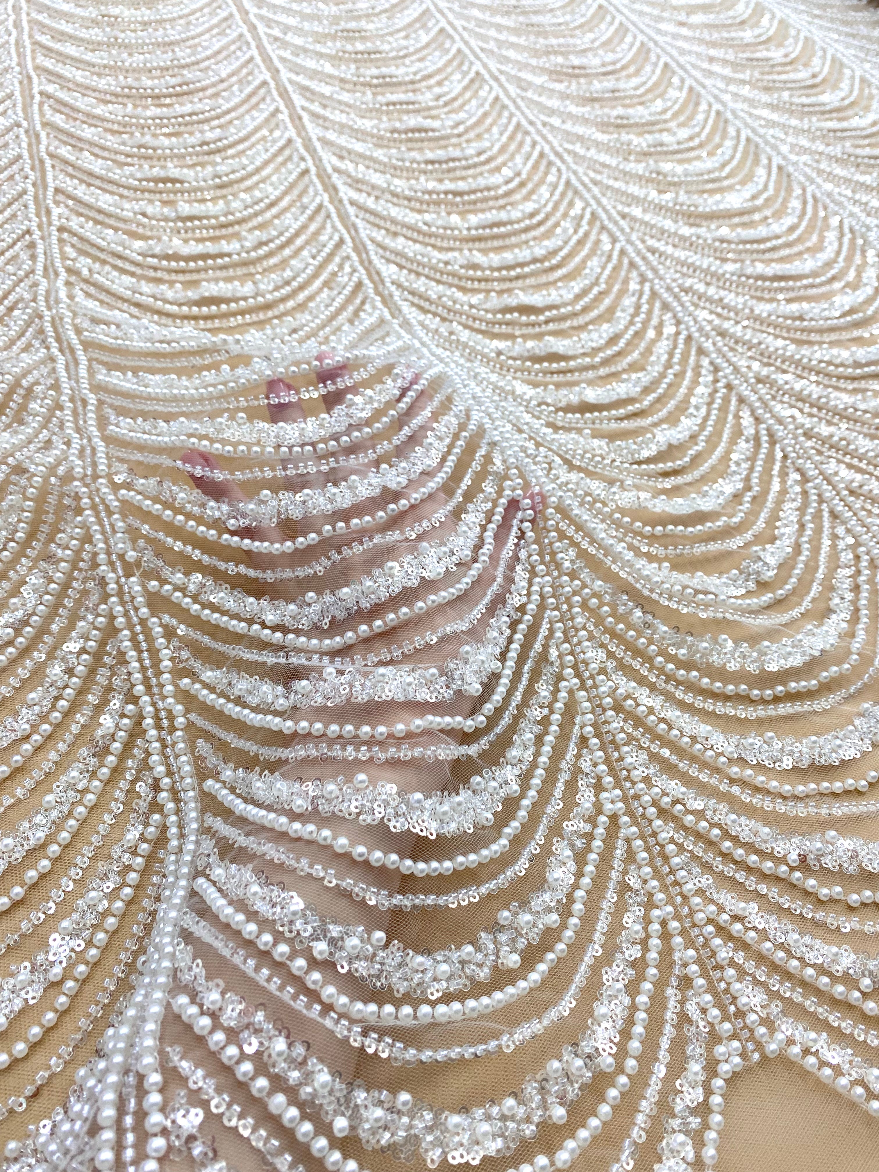 Silver Lace with Linear Pattern, with Pearls and Sequins
