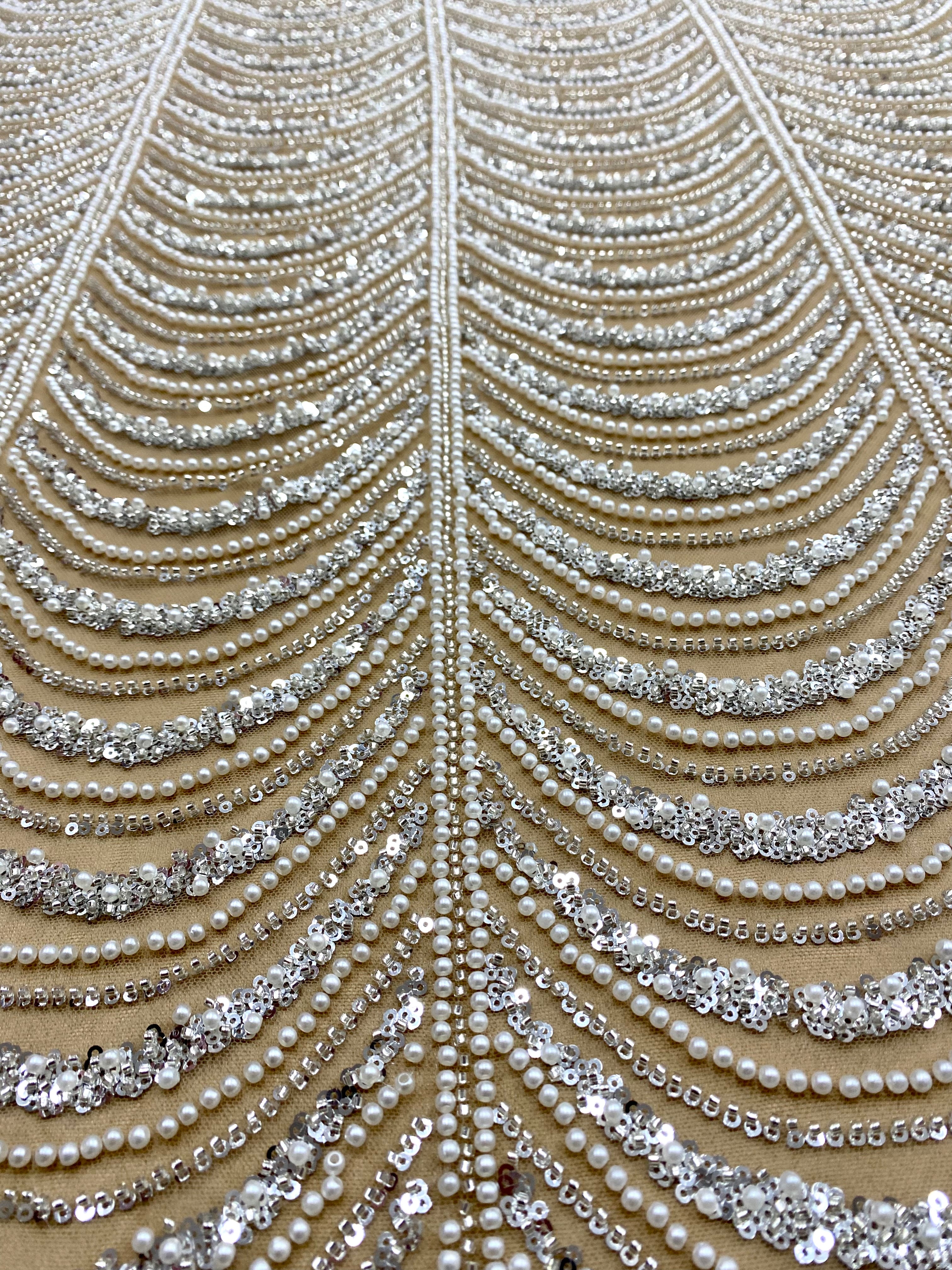 Silver Lace with Linear Pattern, with Pearls and Sequins