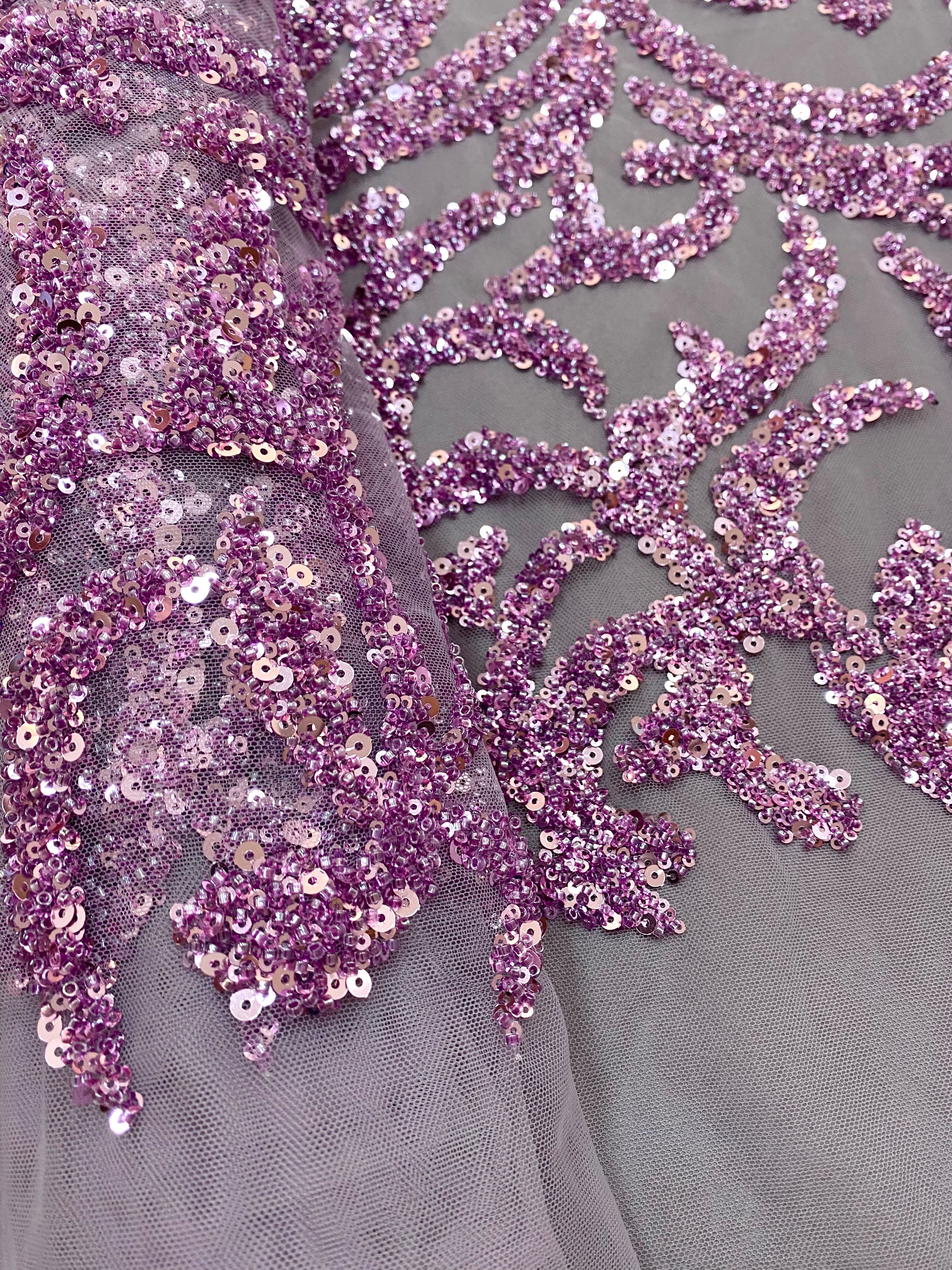 Dantela Couture Lavanda Pudrata cu Model Geometric, cu Margele si Paiete