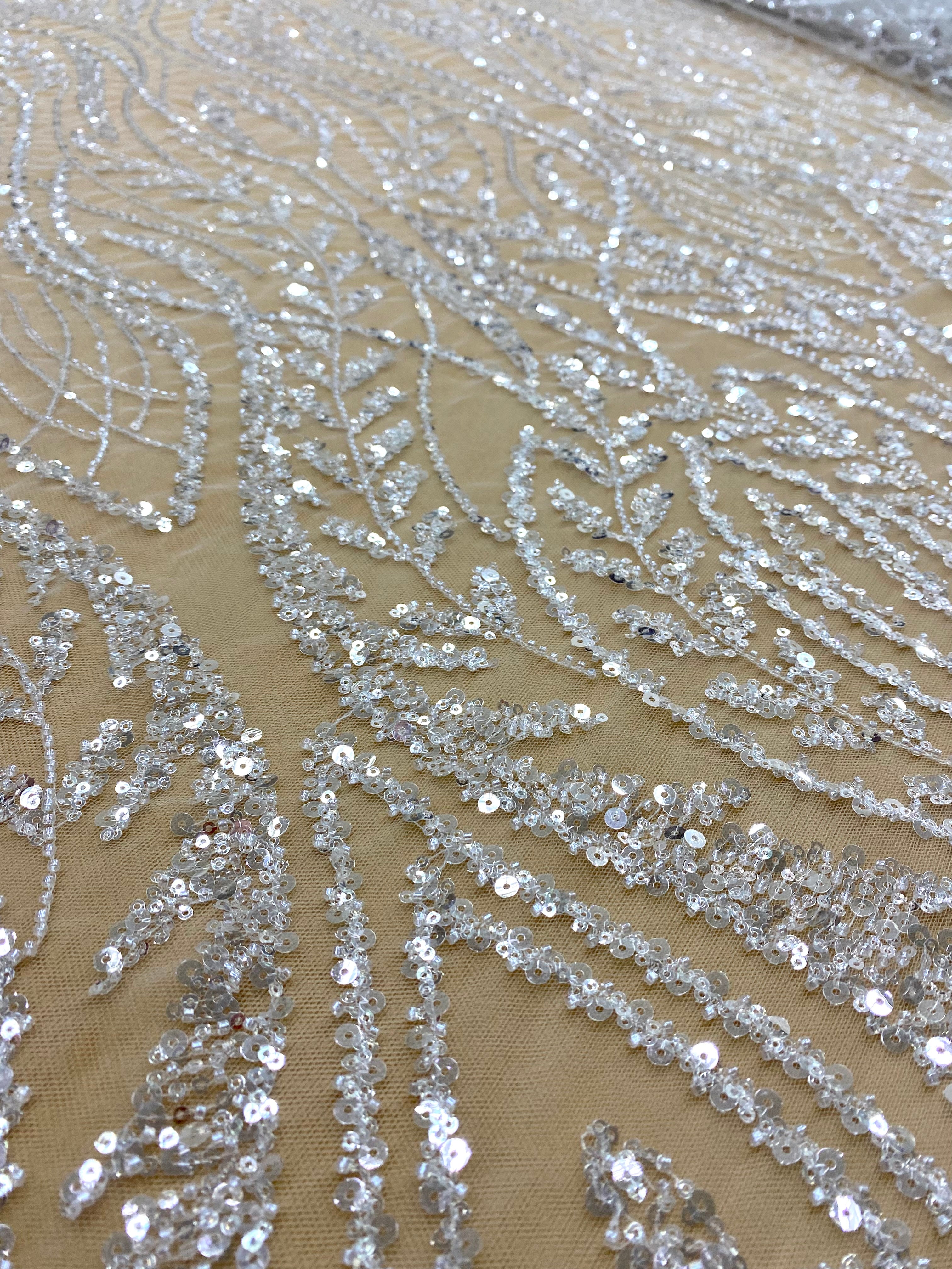 Silver Lace with Linear Pattern, with Pearls and Sequins