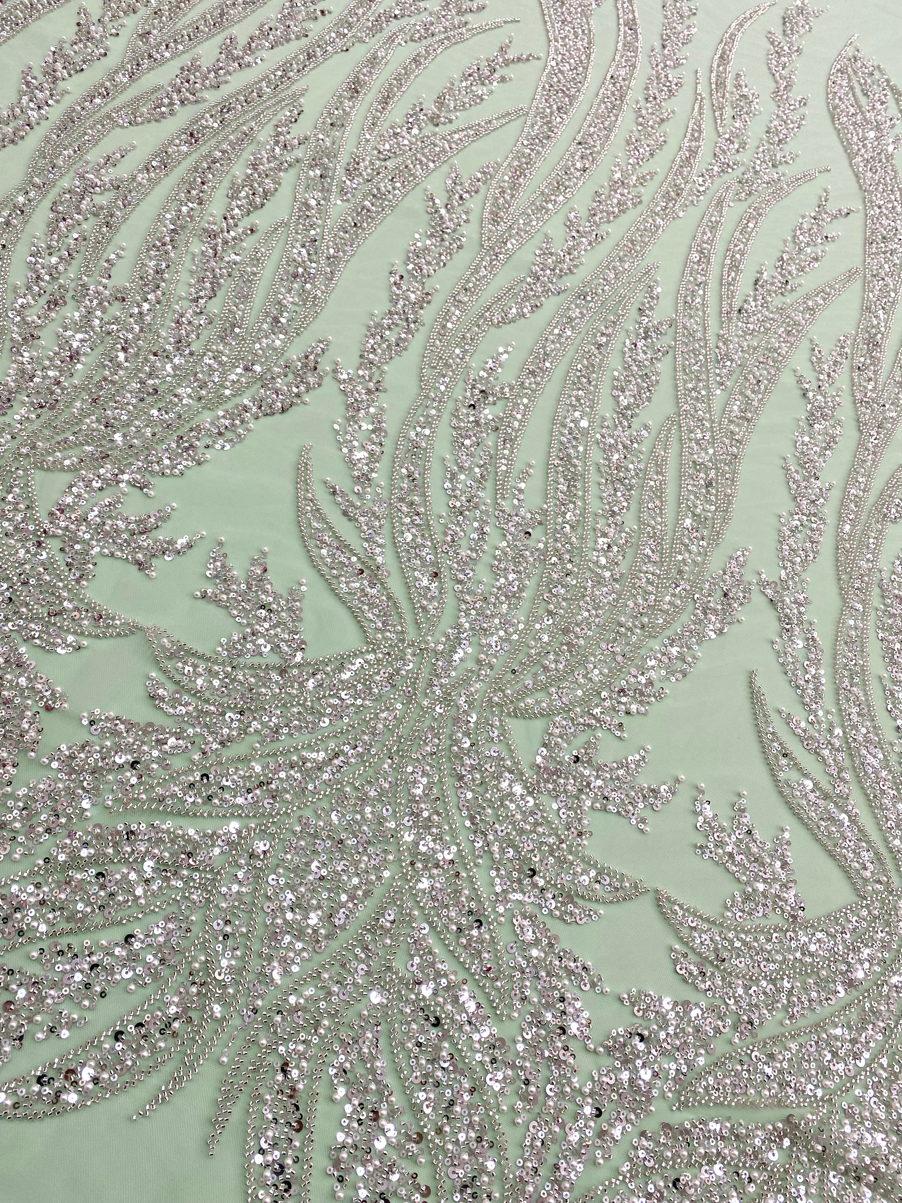 Silver Couture Lace on Mint Green Tulle with Panel, with Pearls, Beads and Sequins