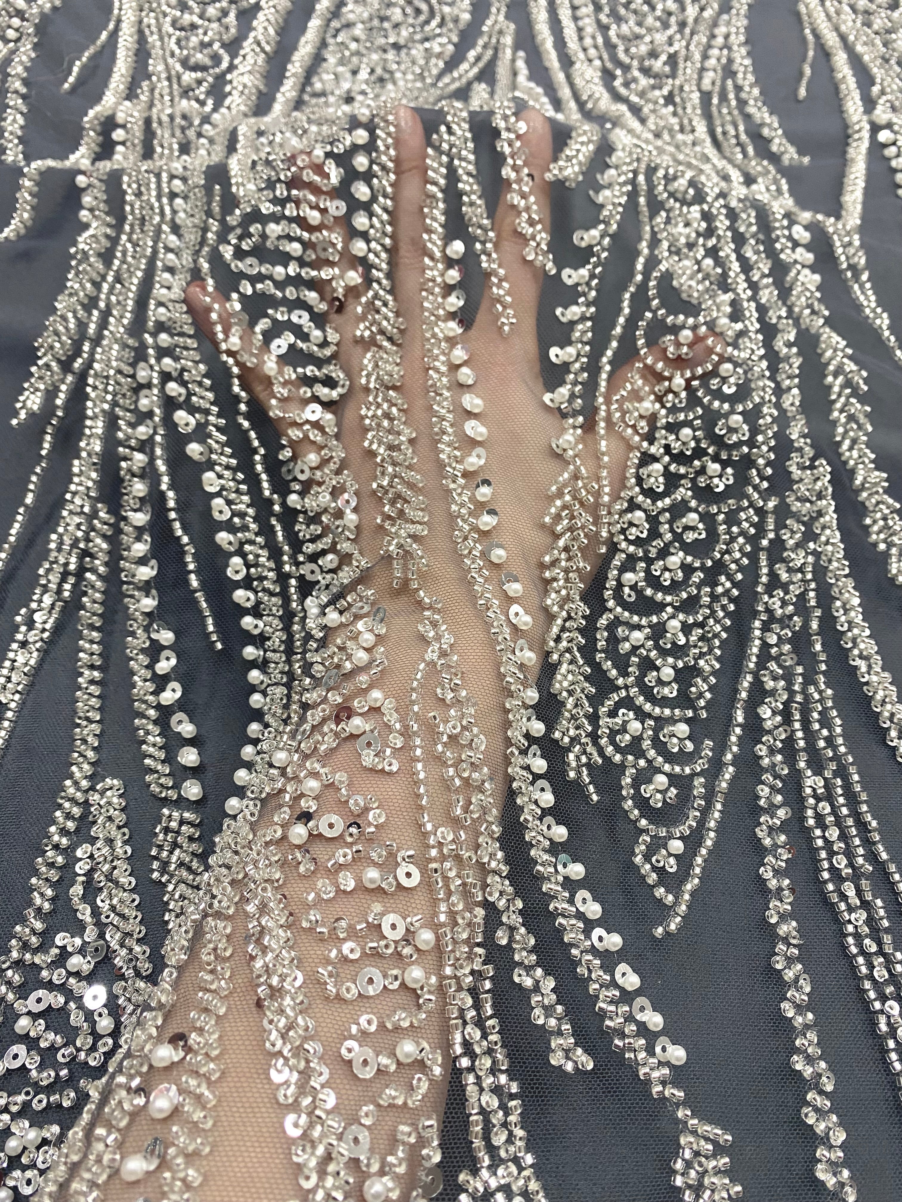 Silver Couture Lace on Anthracite Tulle with Panel, with Pearls, Beads and Sequins
