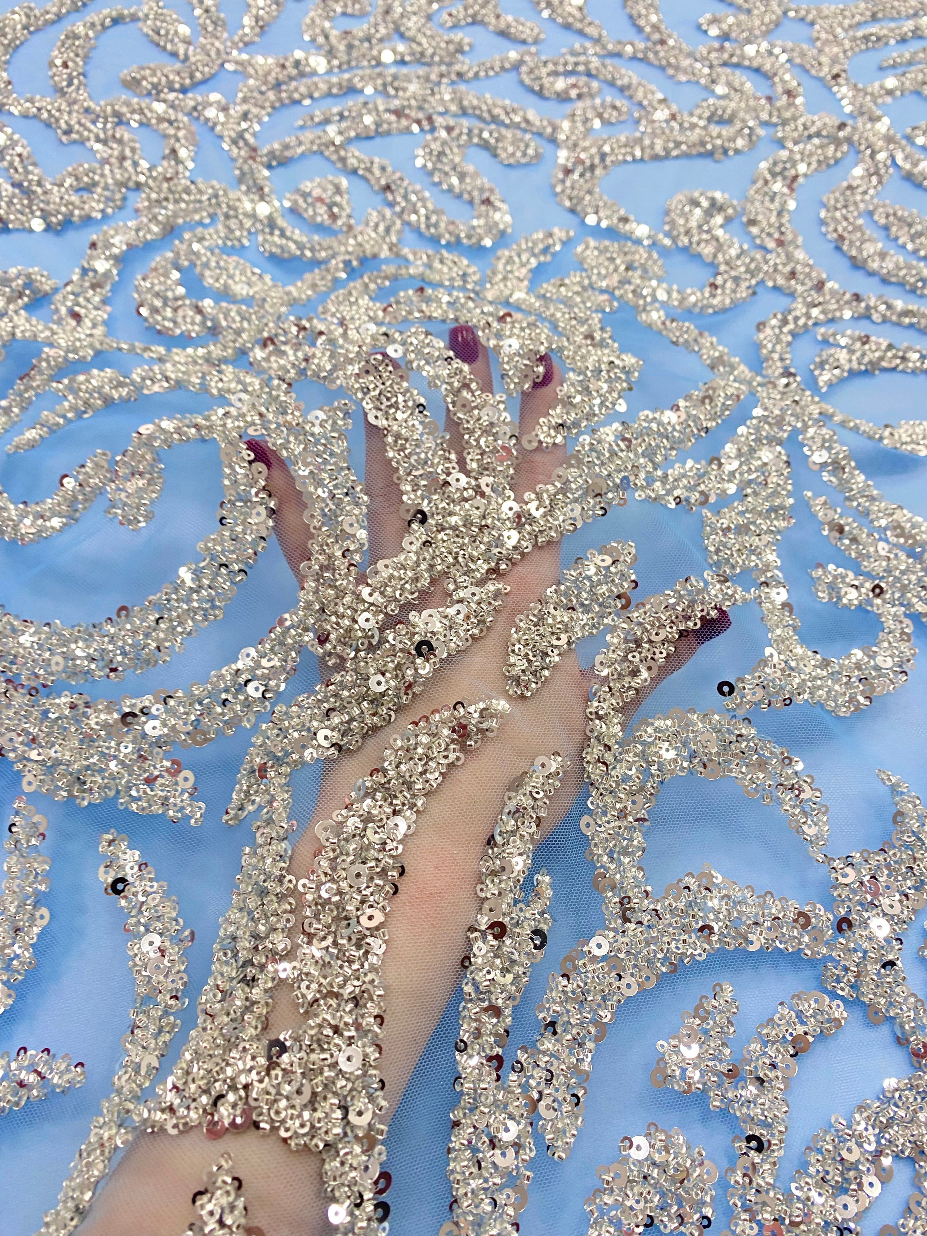 Silver Couture Lace on Blue Tulle, with Symmetrical Pattern, with Beads and Sequins 