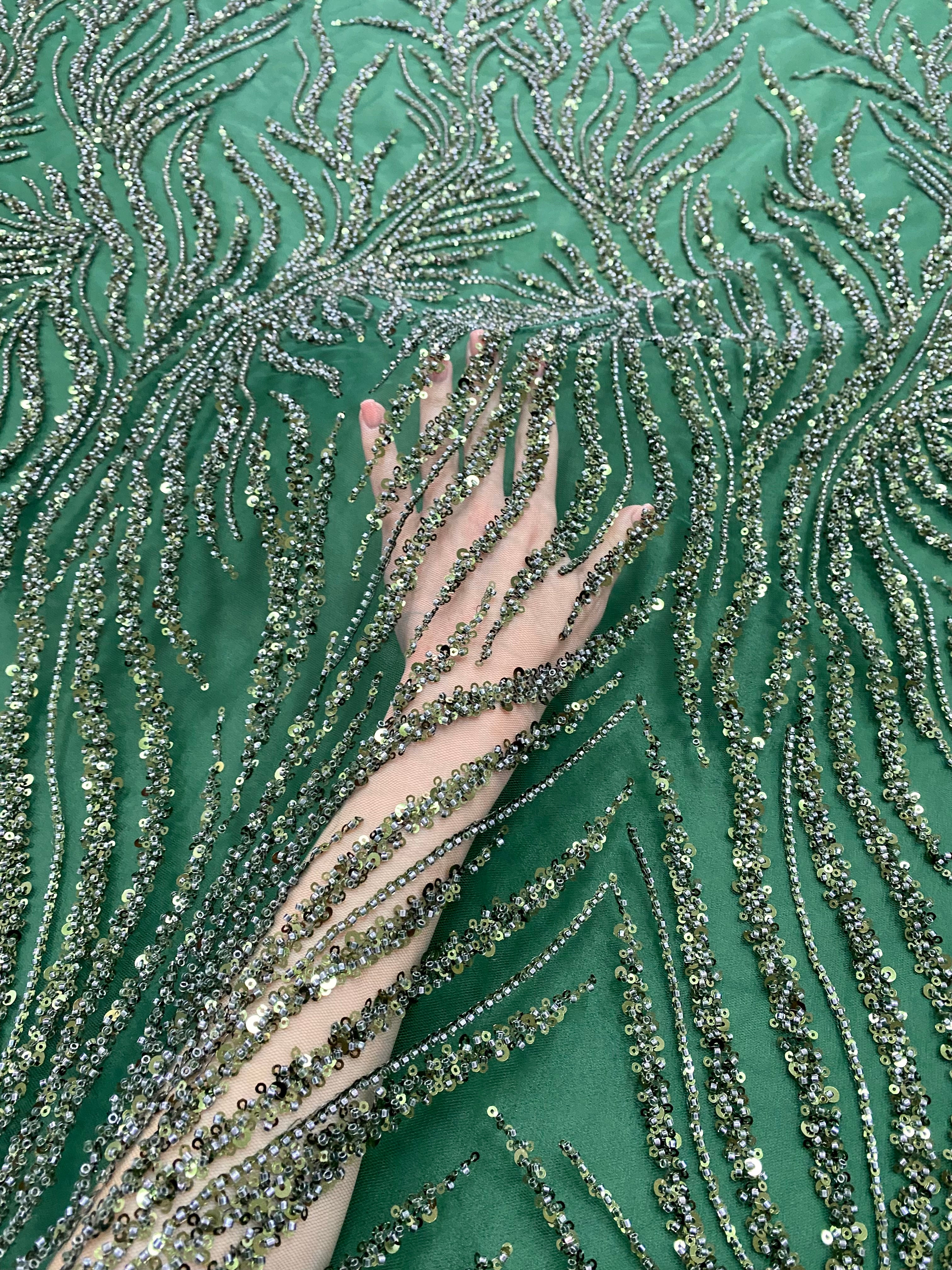 Turquoise Lace with Linear Pattern, with Beads and Sequins