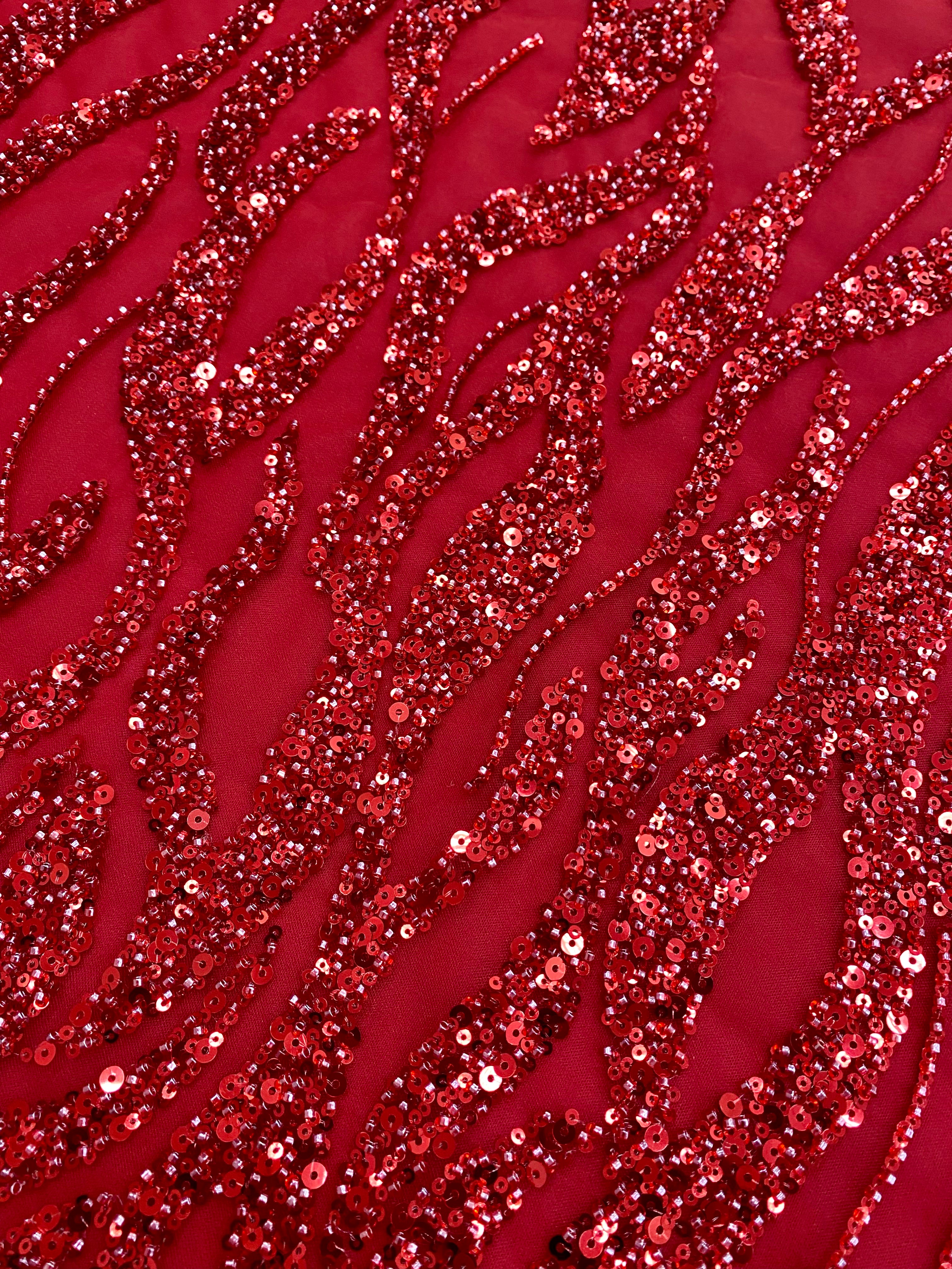 Red Couture Lace with Beads, Beads and Sequins