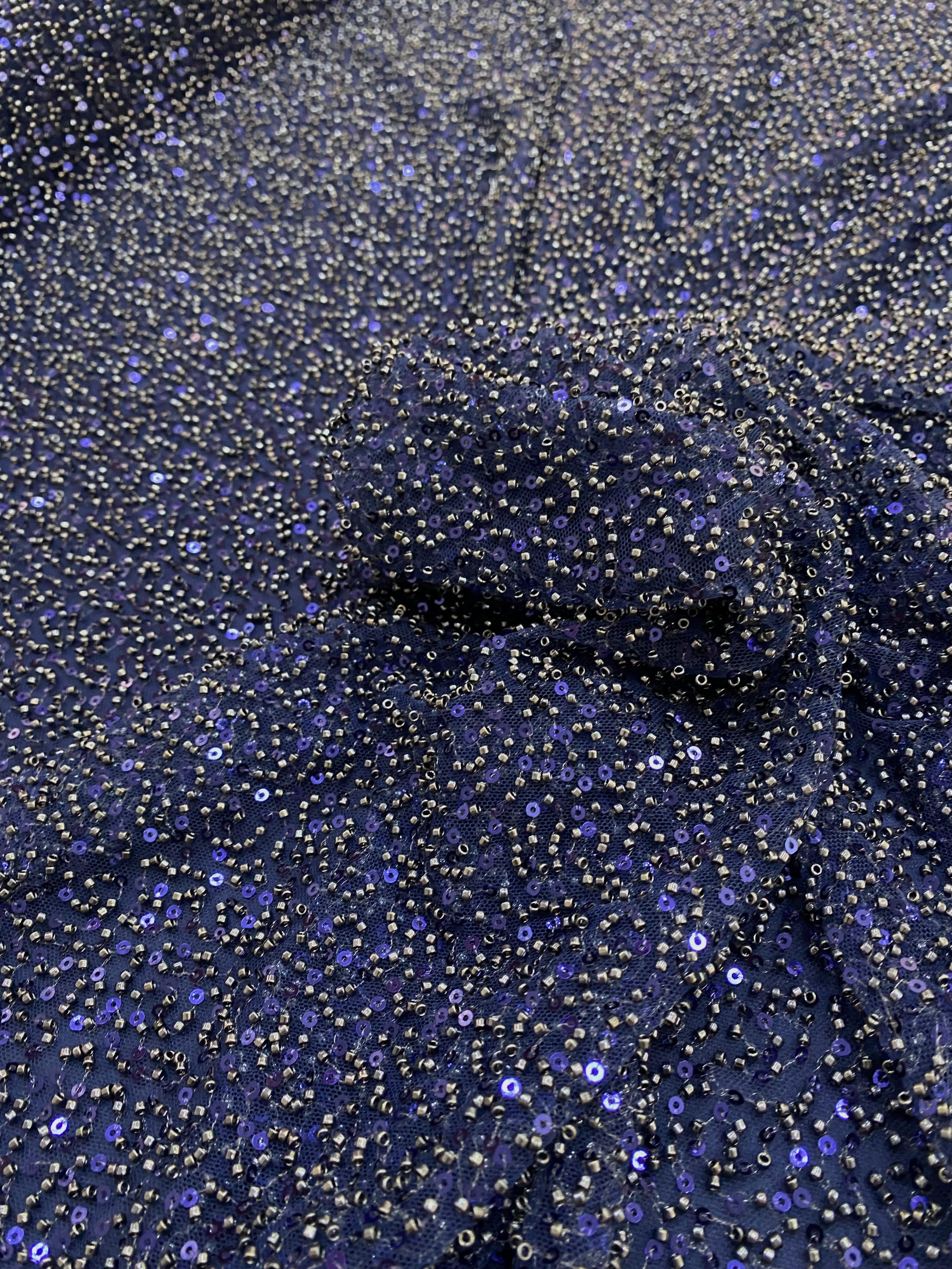 Navy Blue Couture Lace with General Pattern, with Beads and Sequins 