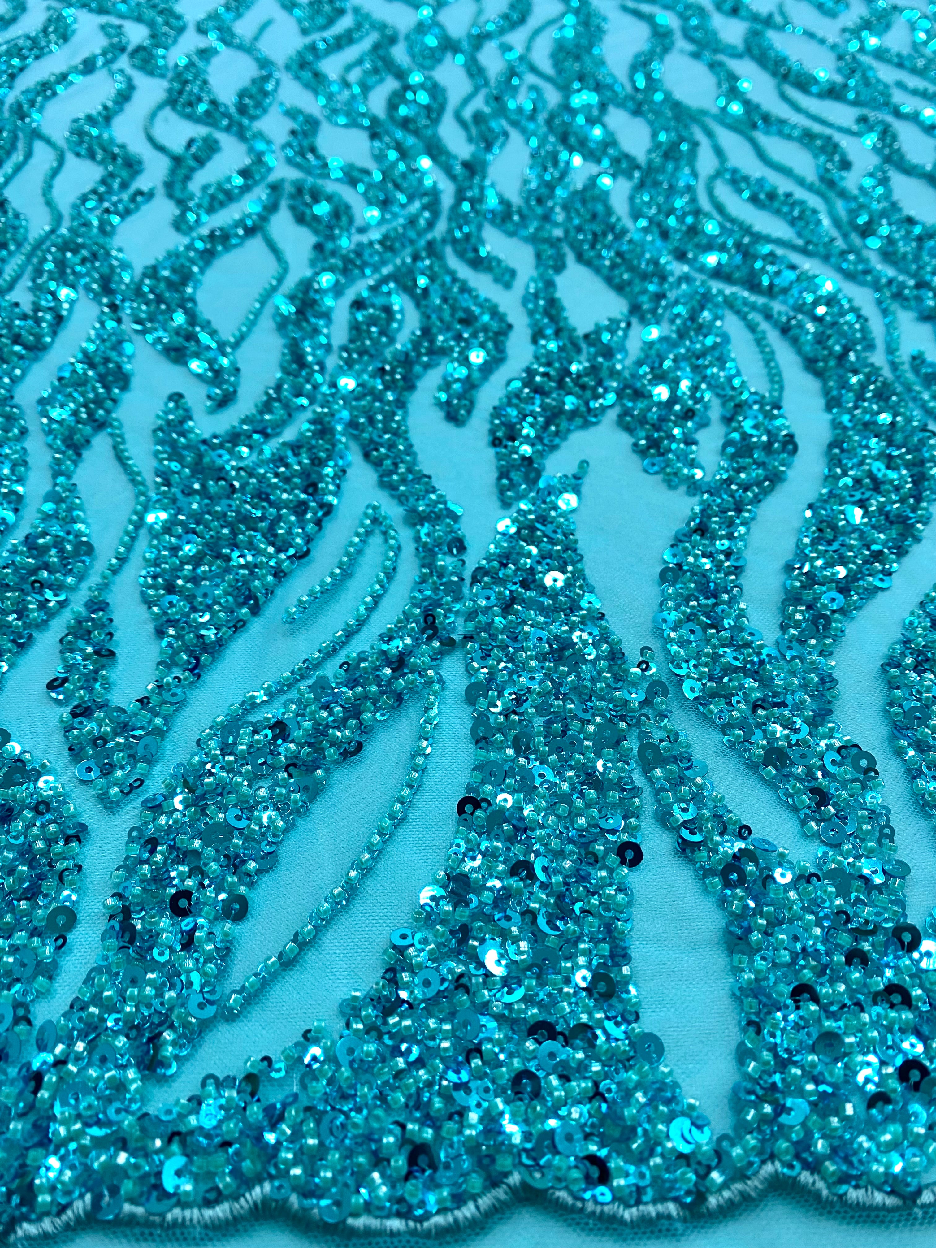 Turquoise Couture Lace with Strings, Beads and Sequins 