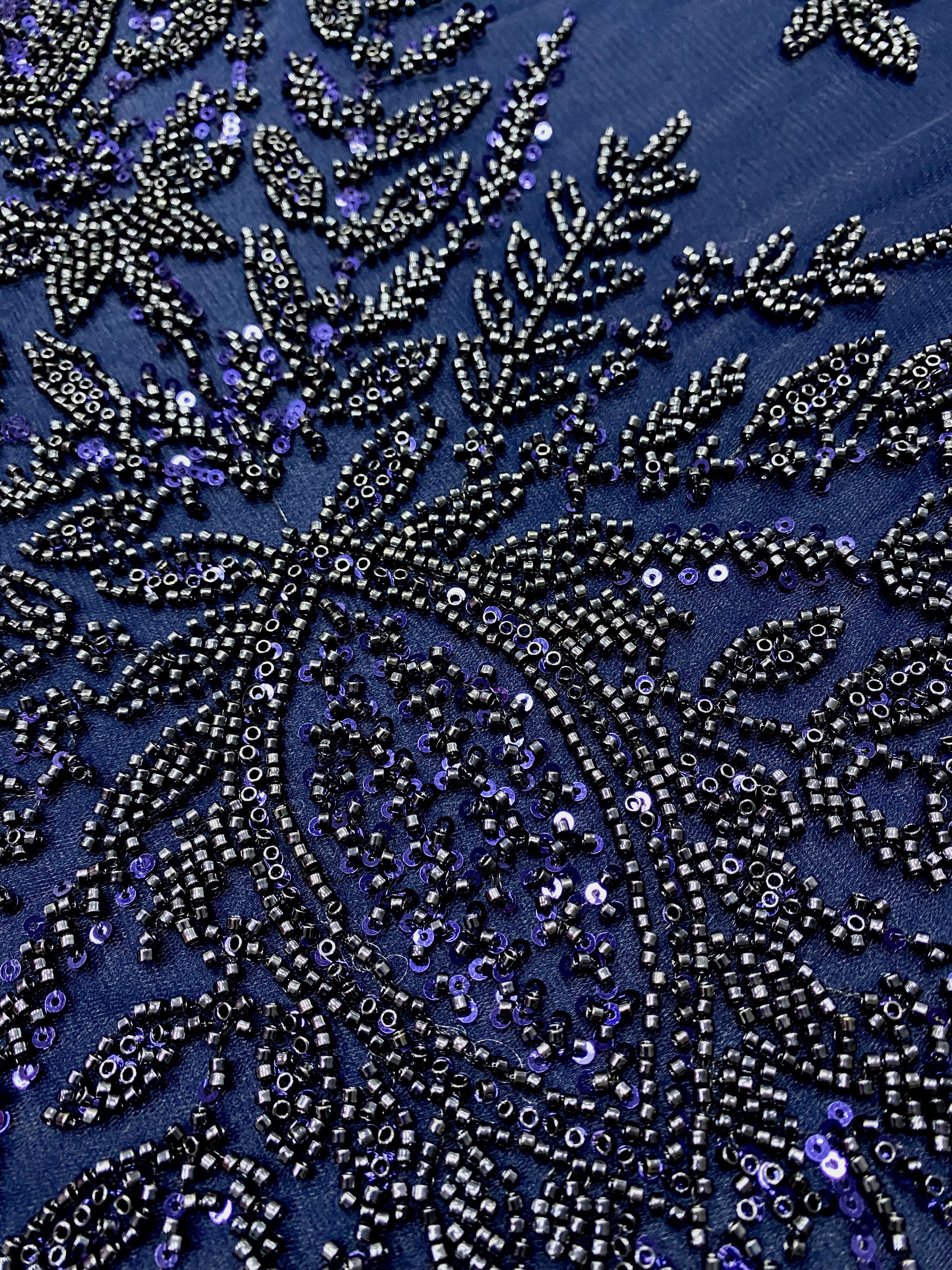 Navy Blue Couture Lace with Symmetrical Pattern, with Beads and Sequins 