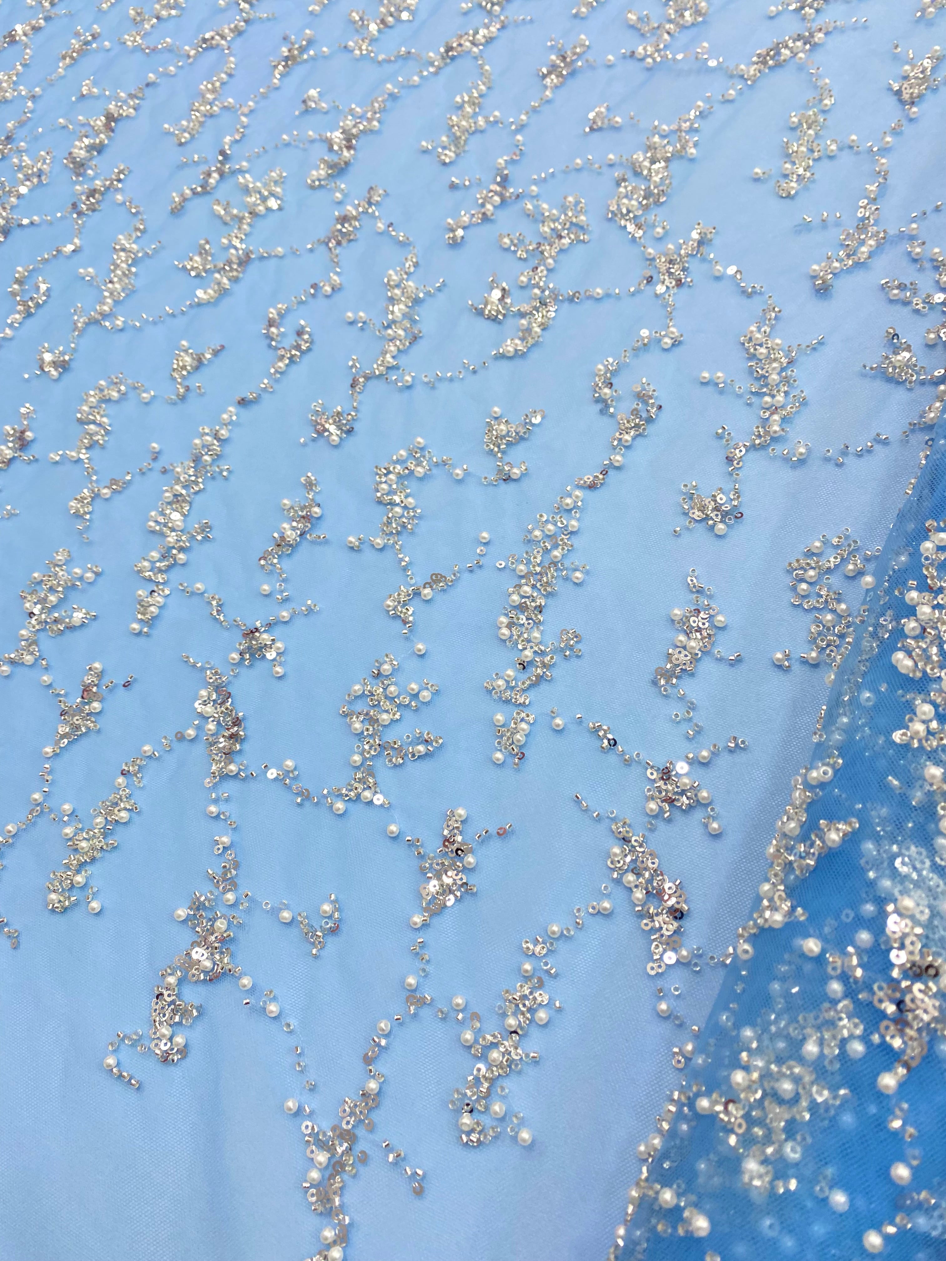 Silver Couture Lace on Blue Tulle, with Symmetrical Pattern, with Beads and Sequins 