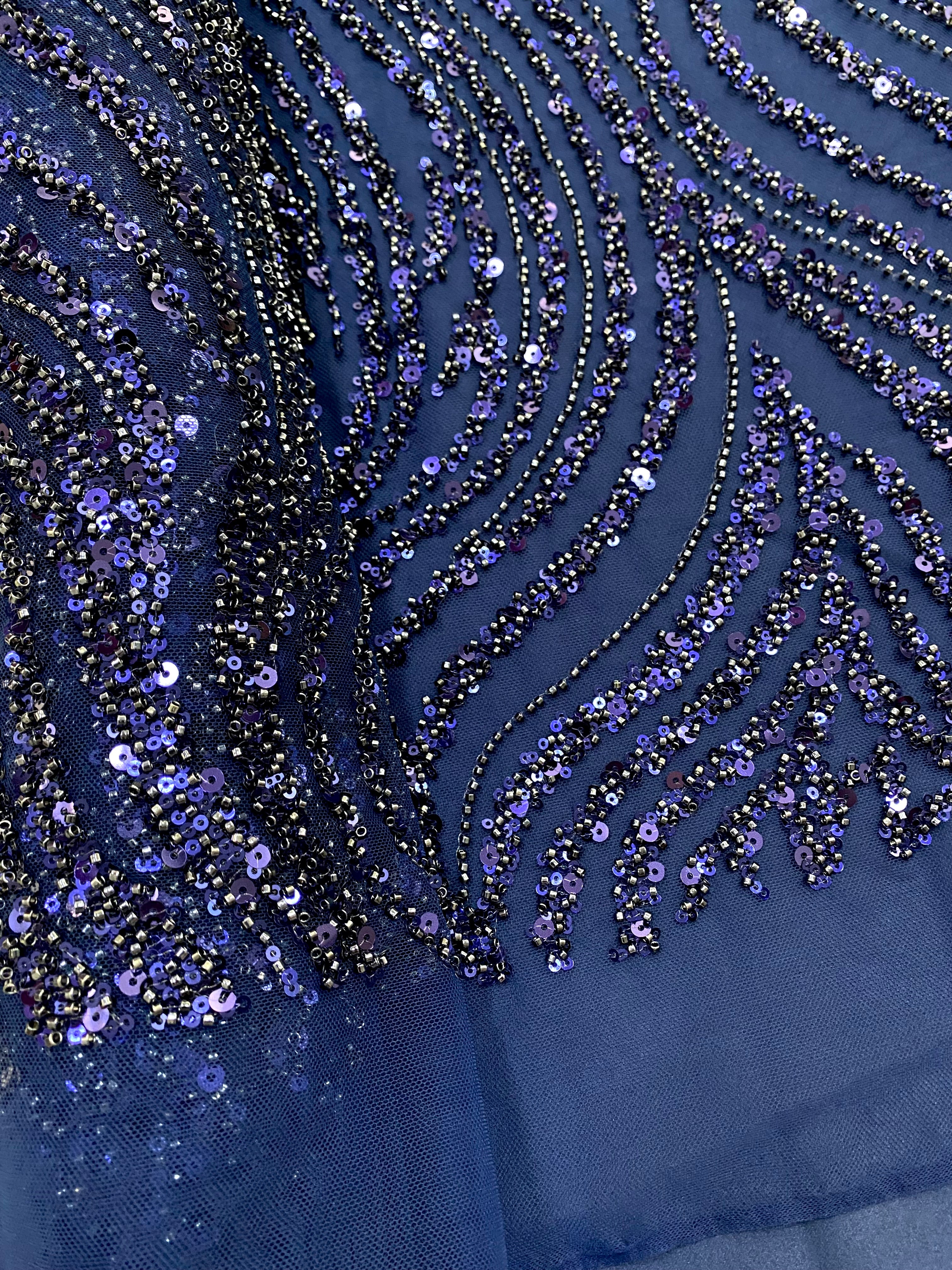 Navy Blue Couture Lace with Linear Pattern, Beads and Sequins