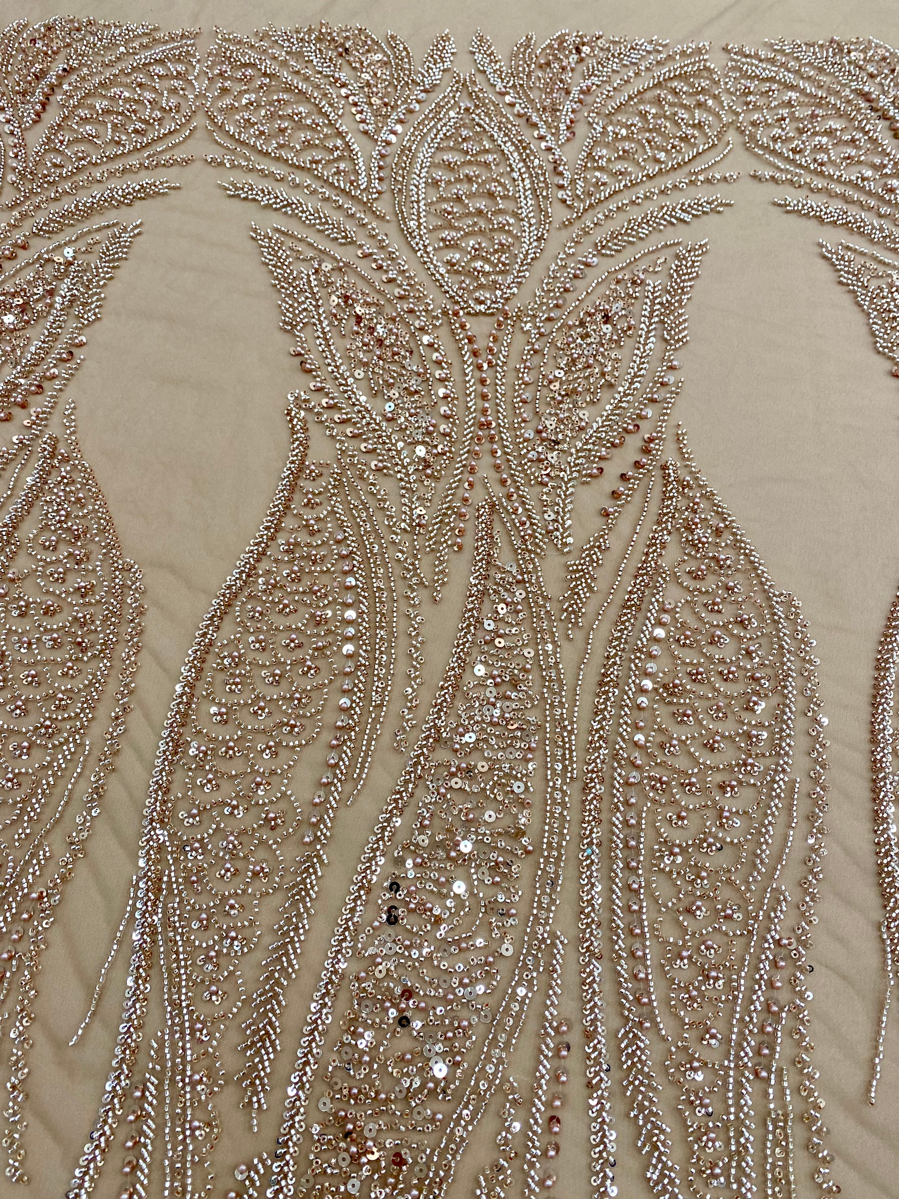 Dantela Couture Auriu Rose cu Panou, cu Perle, Margele si Paiete