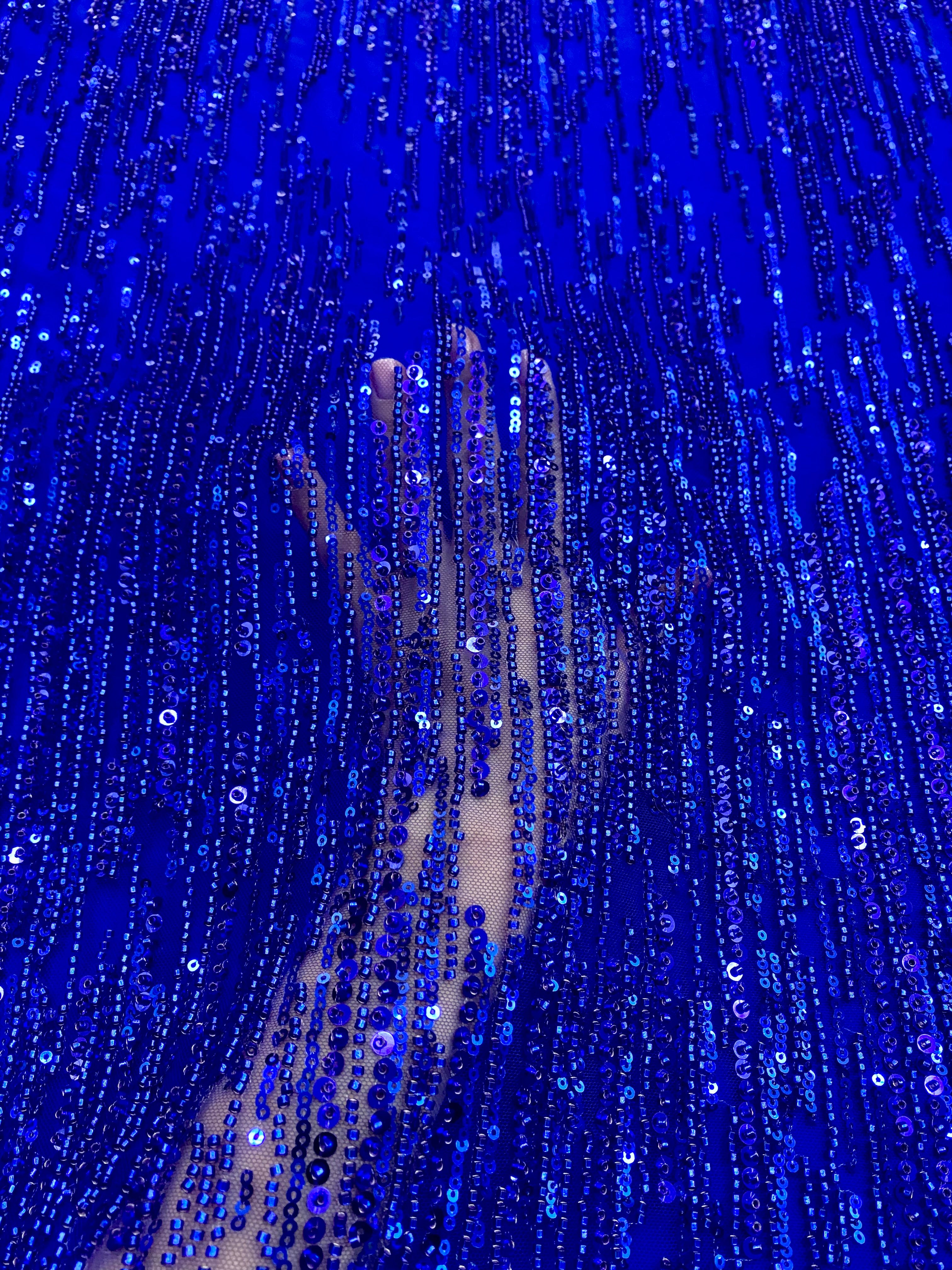 Royal Blue Couture Lace with Linear Pattern, Beads and Sequins