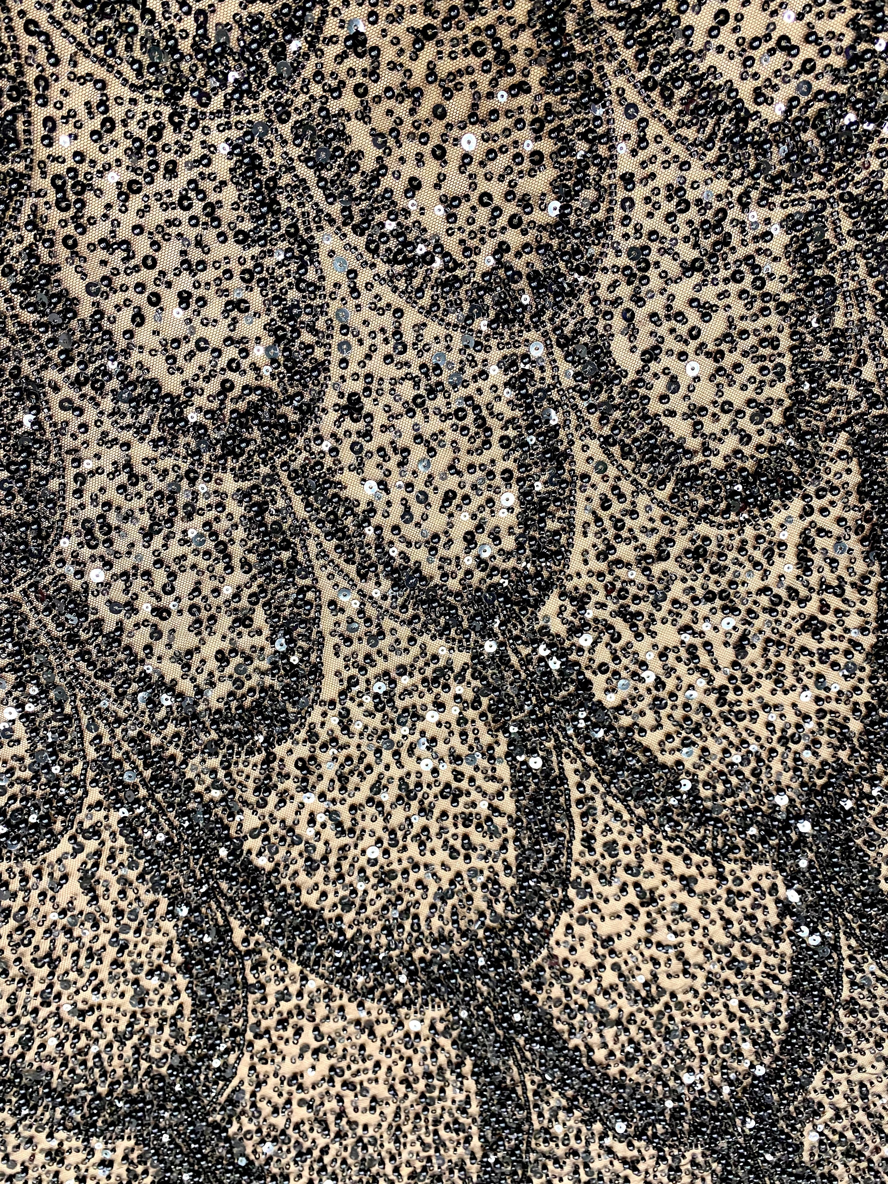 Black Couture Lace with Geometric Pattern, with Pearls, Beads and Sequins