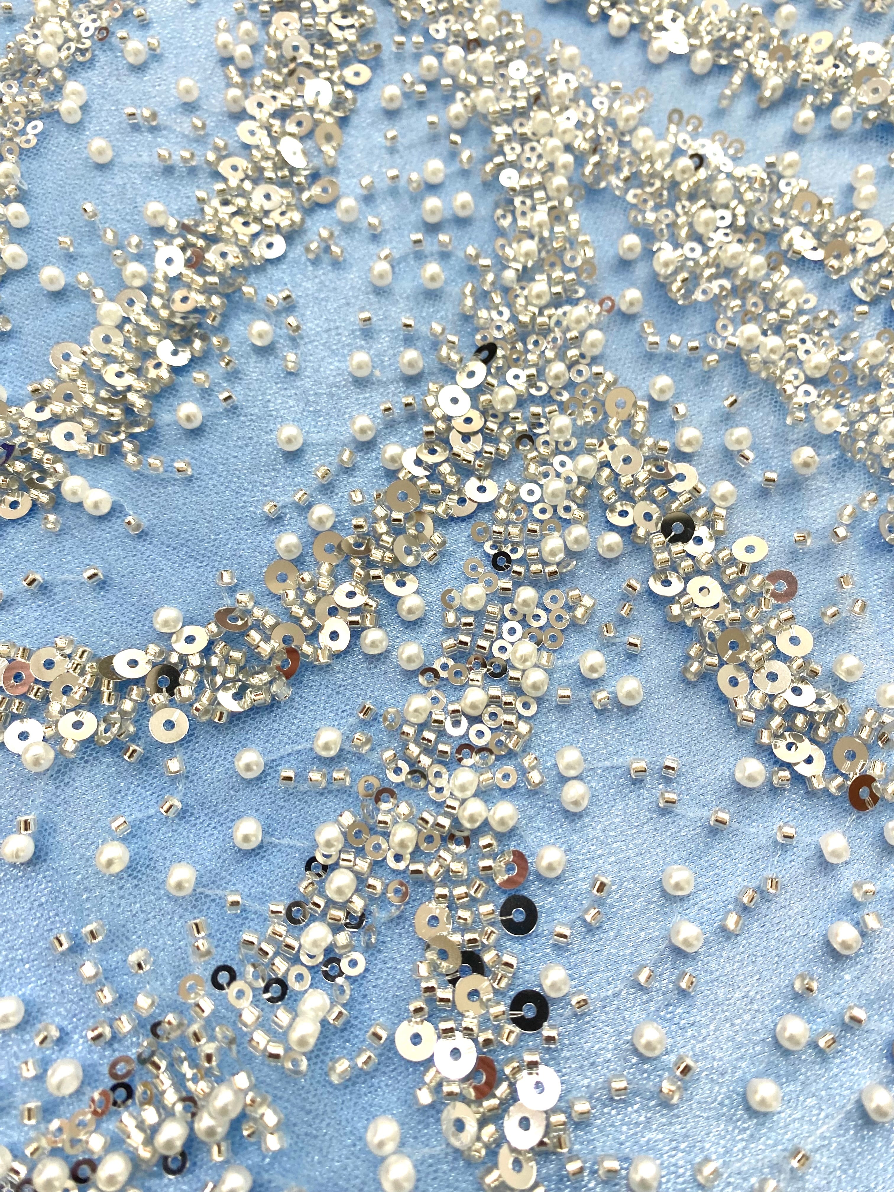 Silver Couture Lace on Blue Tulle with Pearls, Beads and Sequins 