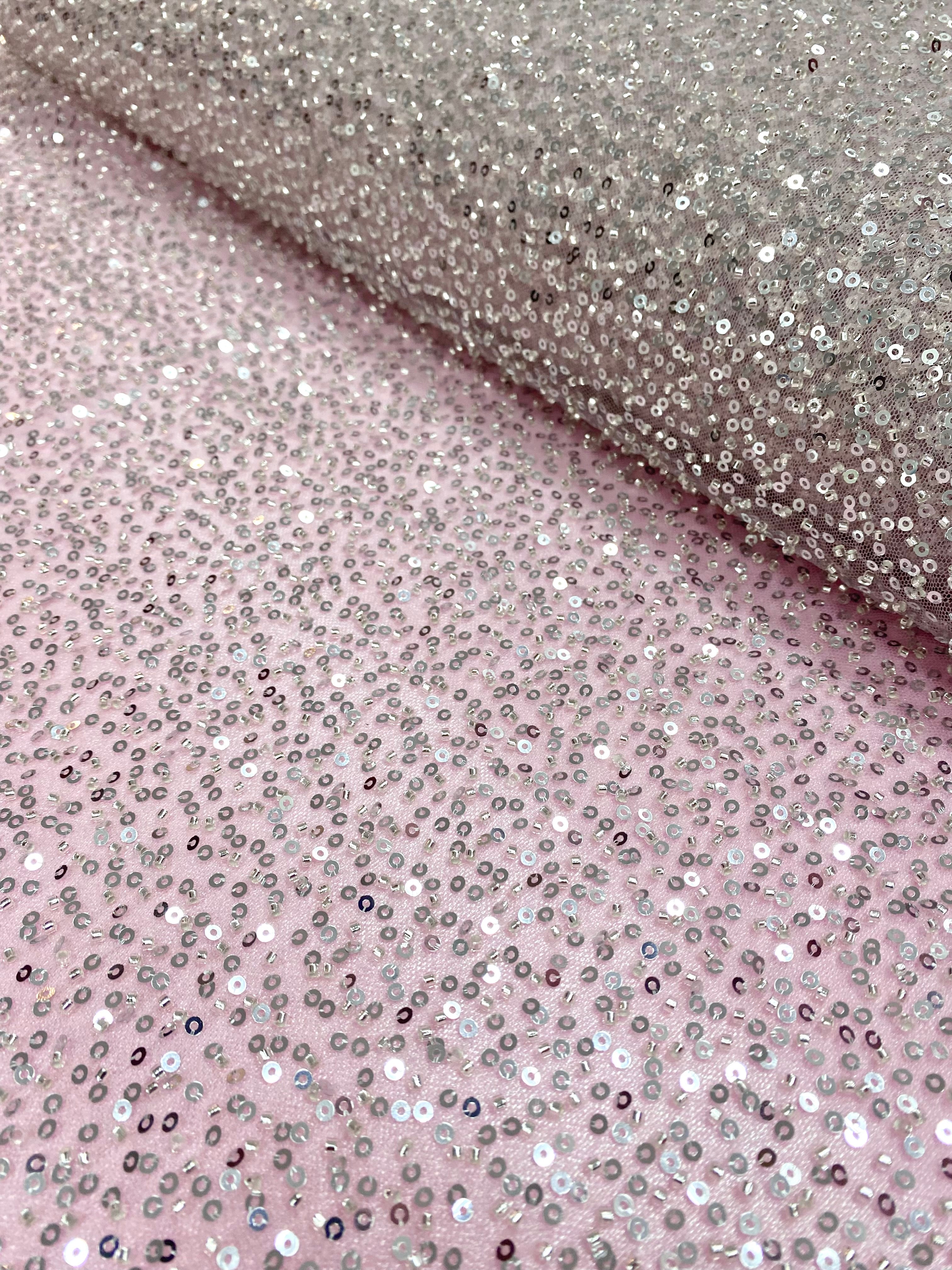 Silver Couture Lace on Pink Tulle with General Pattern, with Beads and Sequins