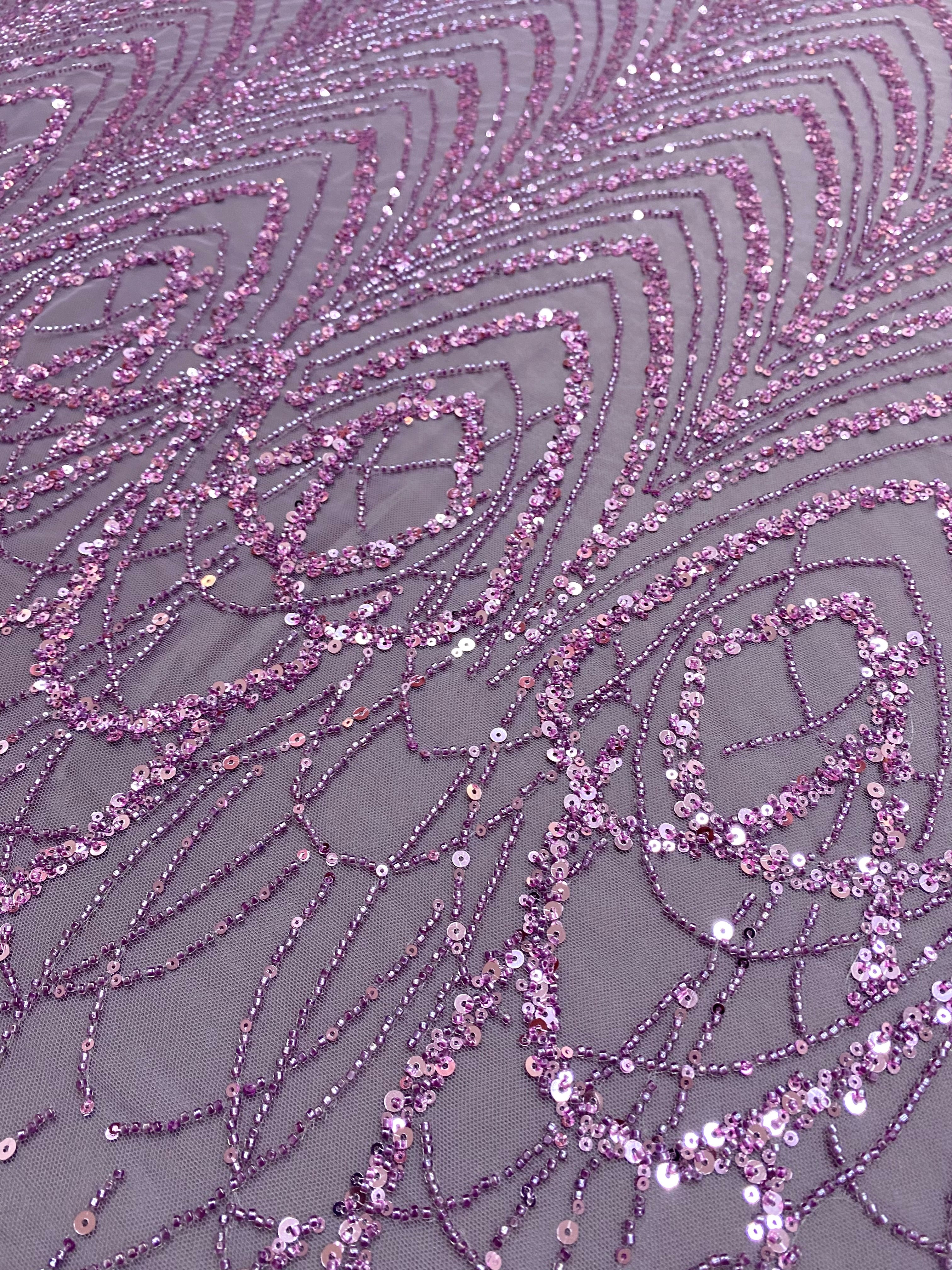 Dantela Couture Lavanda Pudrata cu Model Geometric cu Margele si Paiete