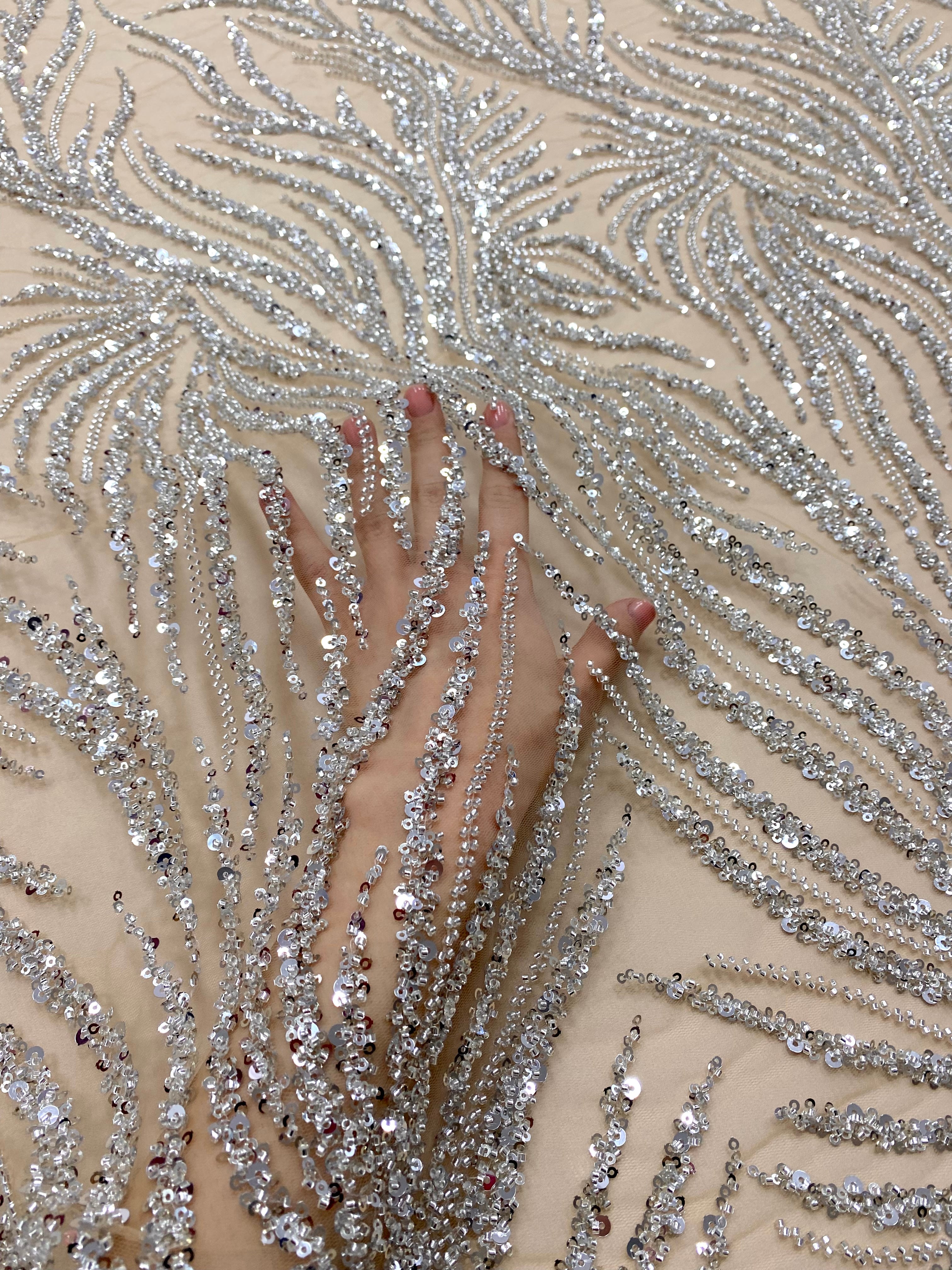 Silver Couture Lace on Nude Tulle with Strings, Beads and Sequins