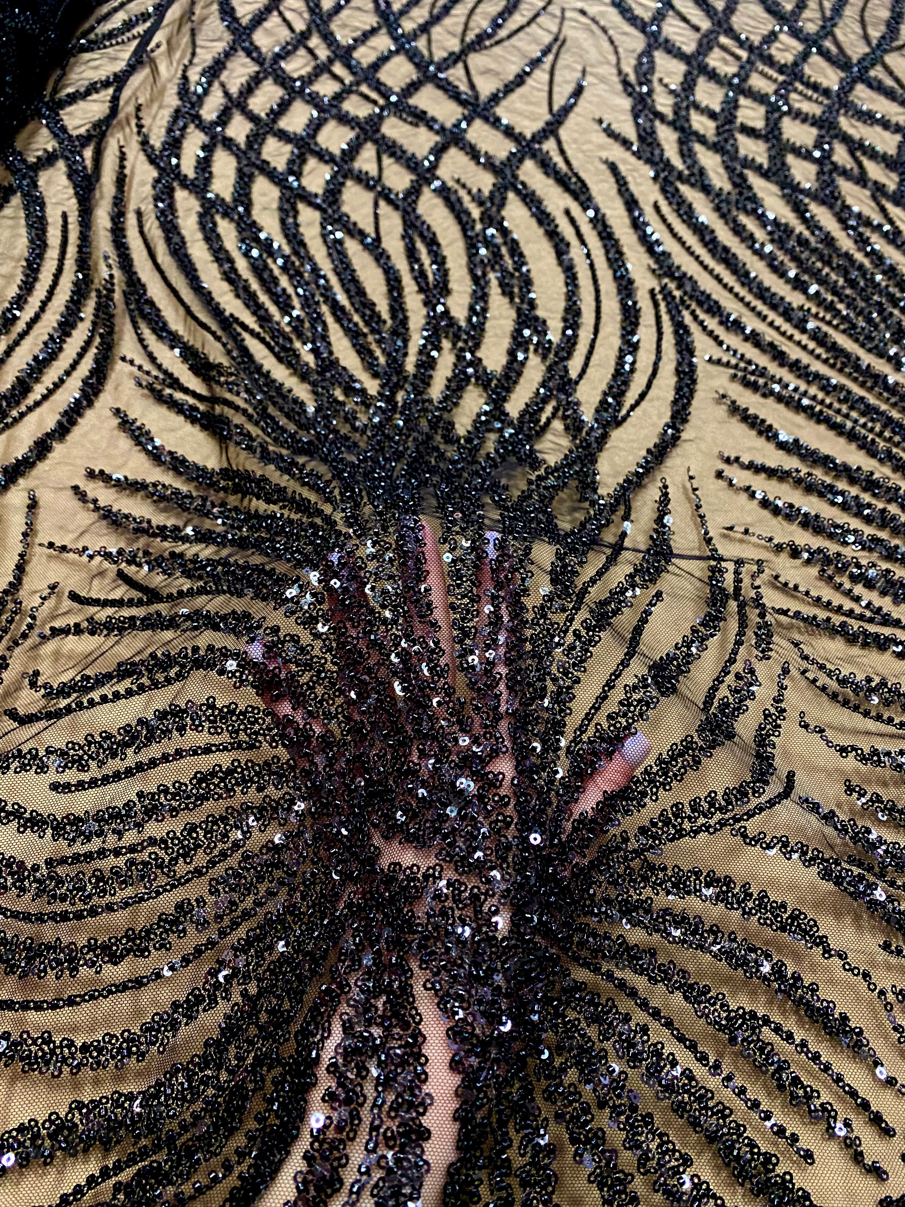 Brown Lace with Geometric Pattern, with Beads and Sequins