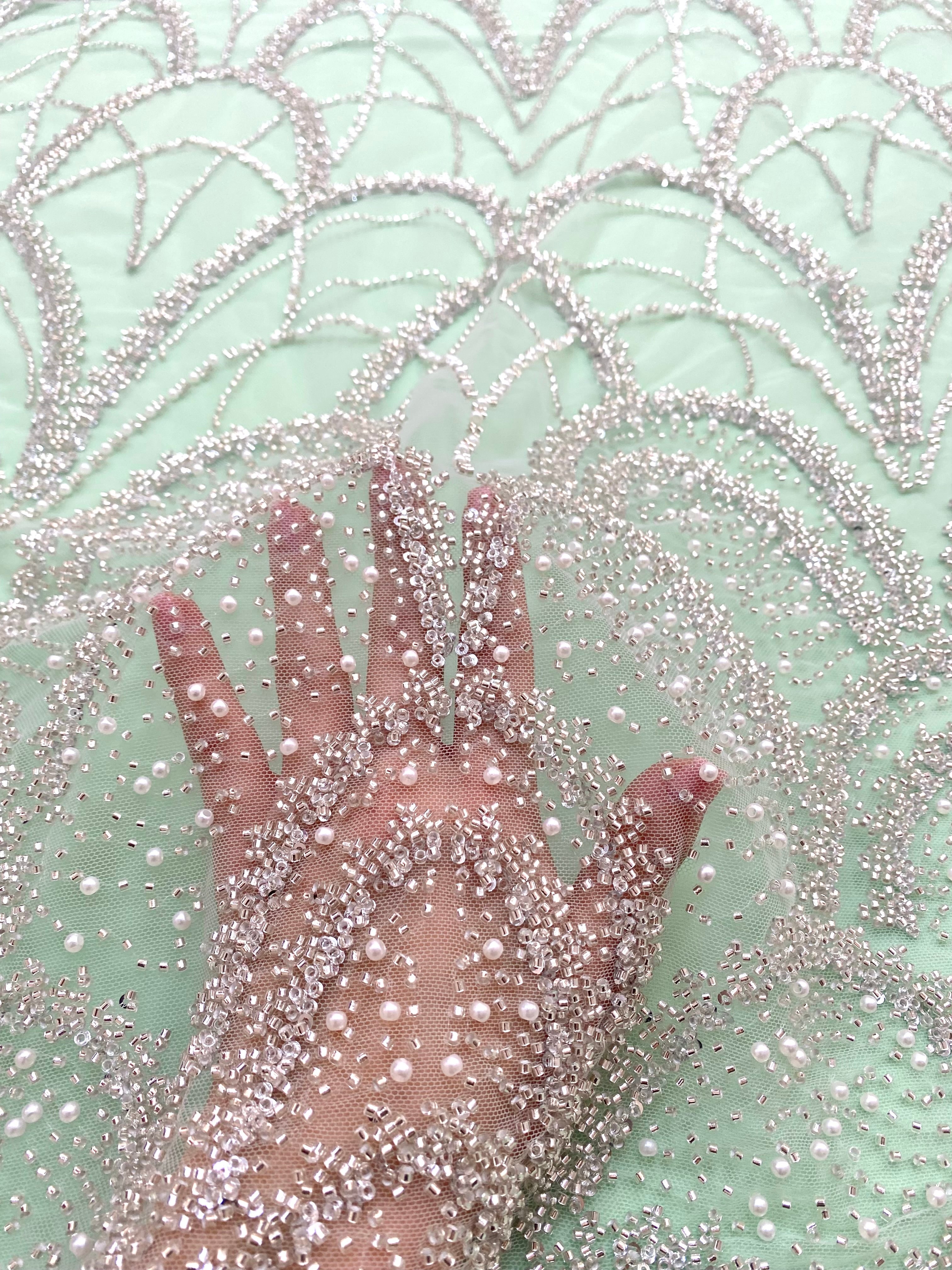 Silver Couture Lace on Mint Green Tulle with Geometric Pattern, with Pearls, Beads and Sequins